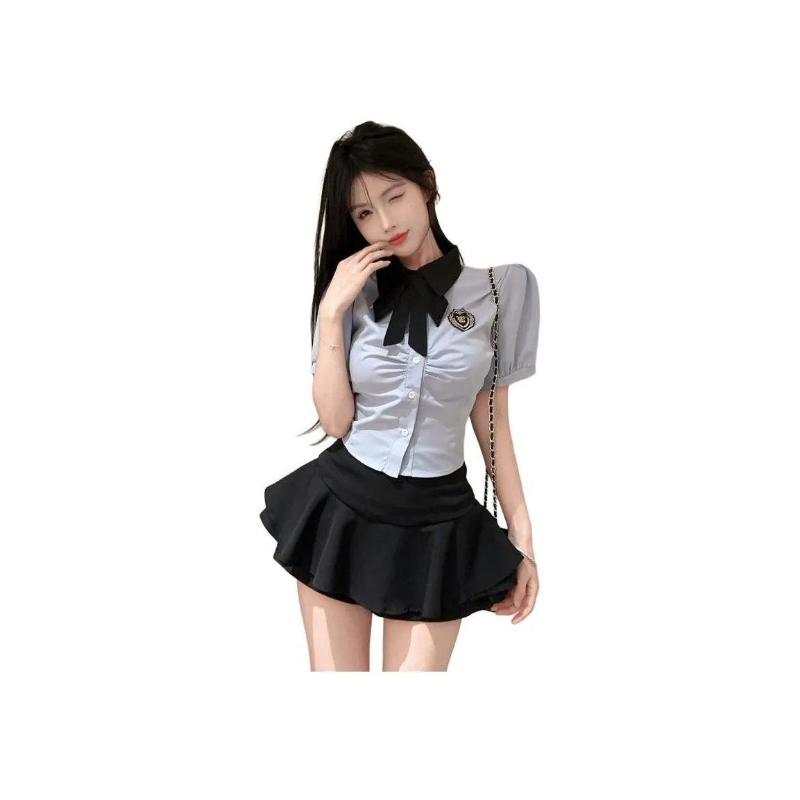 DGMZ Синий топ + Черная юбка, галстук-бабочка, комплект, женская униформа