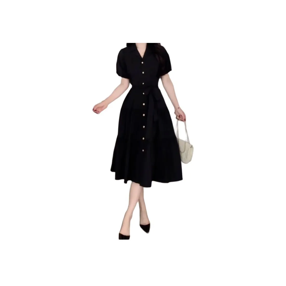 Snap Пуговица Платье Женские Короткие Платья с Рукавами