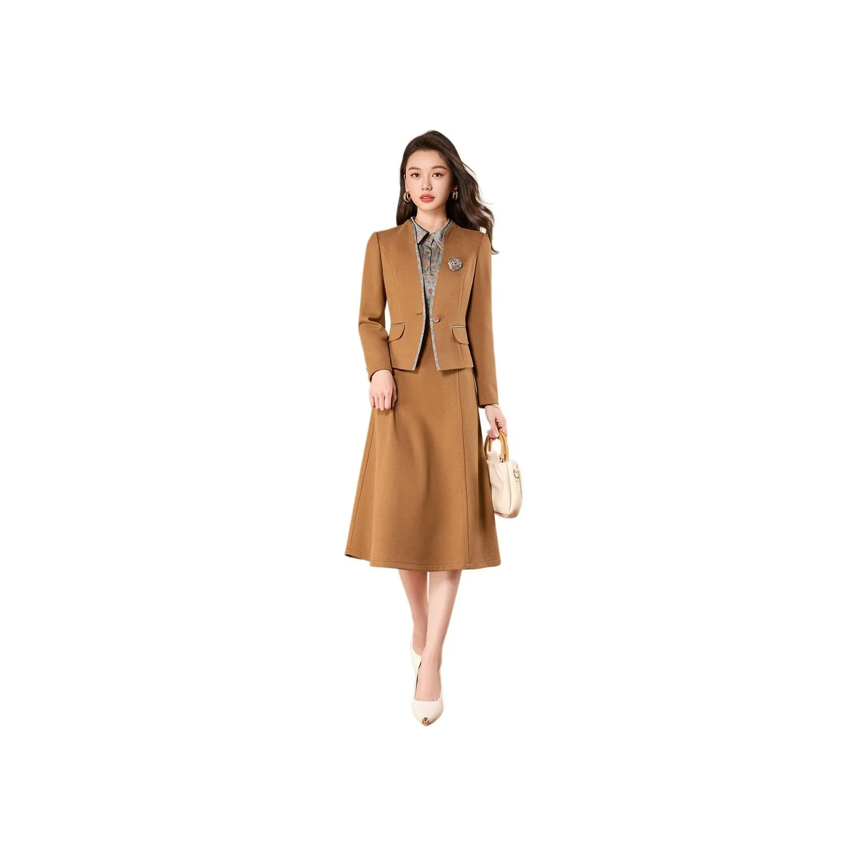 Mylan Spring Fall Skirt Set Cinched Waist Women's Khaki