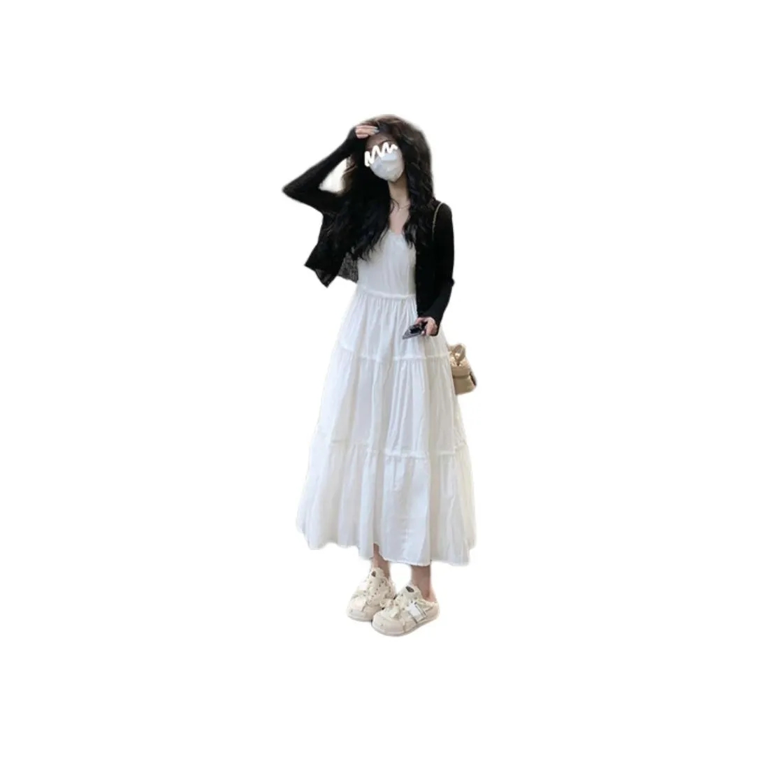 XIANSINIAO Two Piece Skirt Sets Women's Black Cardigan+Camisole Dress