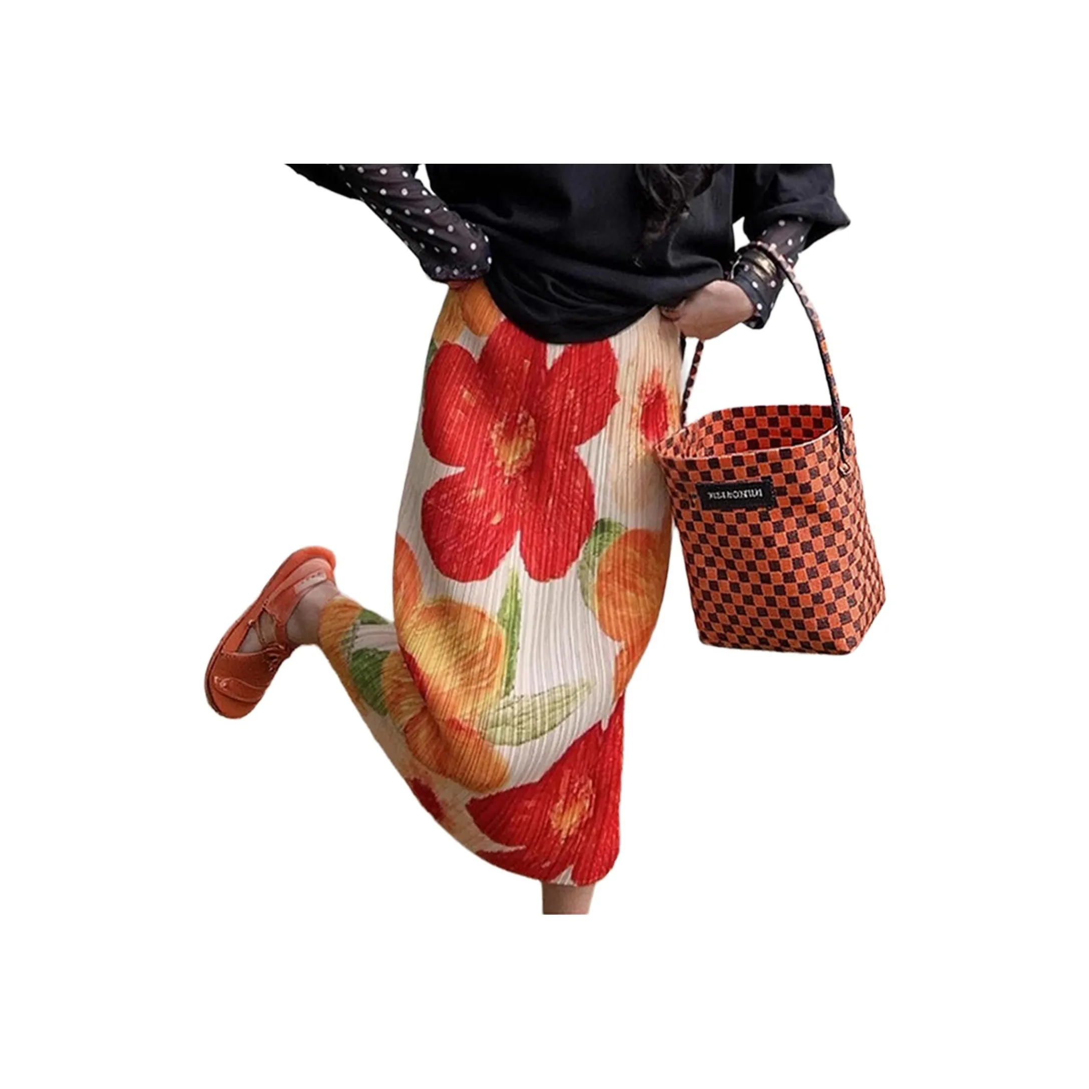 Wbwq Повседневный Длинный Юбка Женские Оранжевый Цветочный