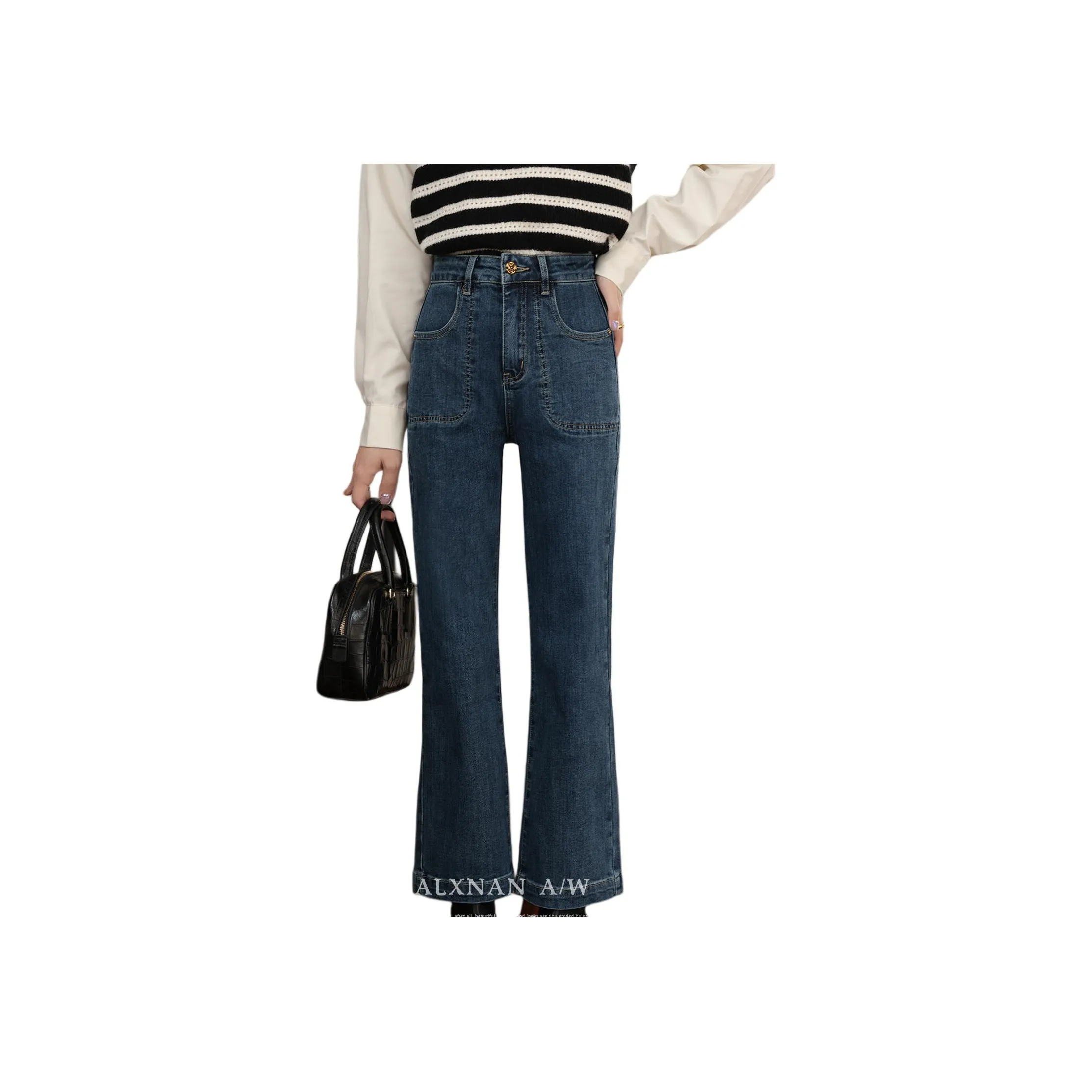 Alxnan Синие Джинсы с Флисовой Подкладкой для Женщин