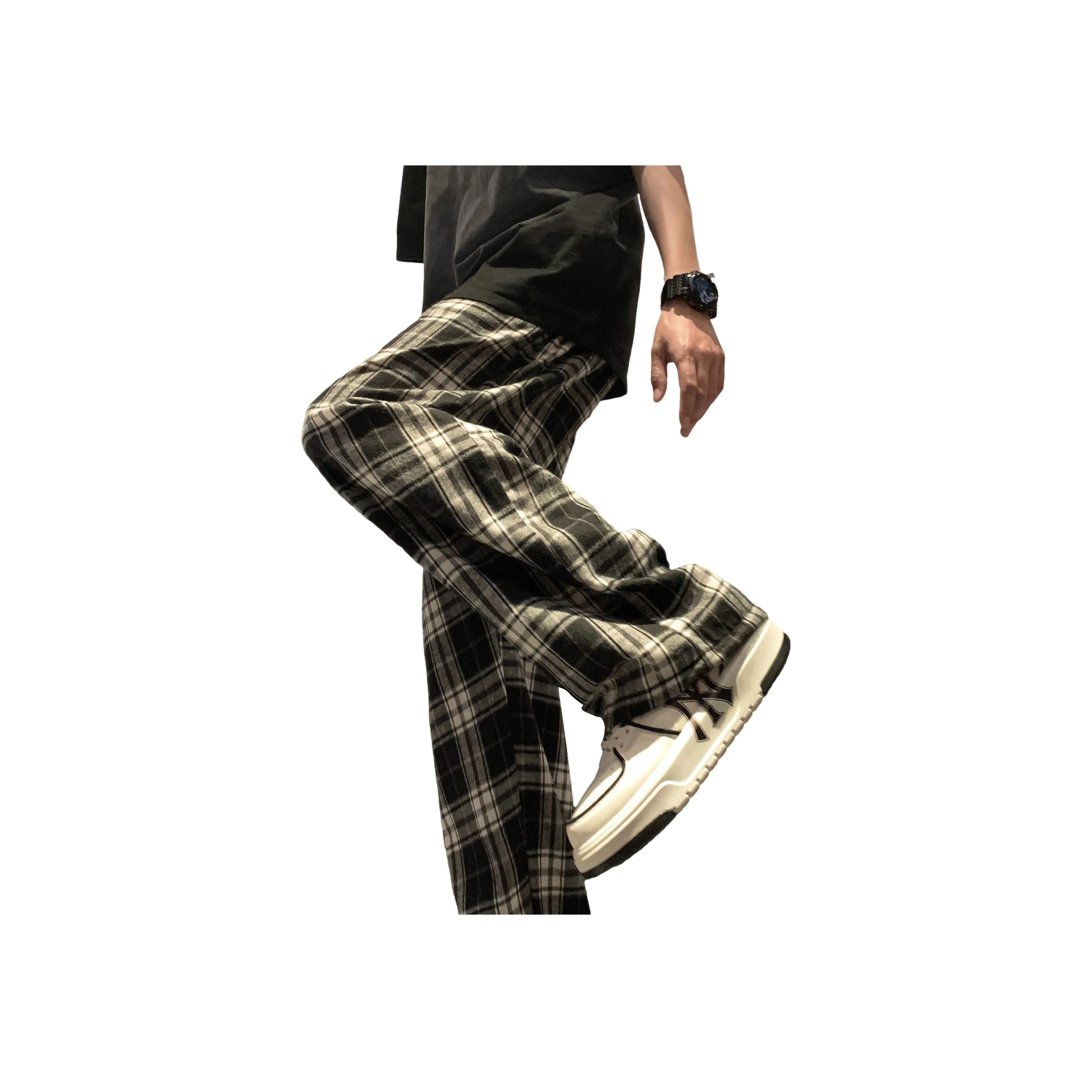 ZONEiD Casual Pants Unisex Black White Plaid
