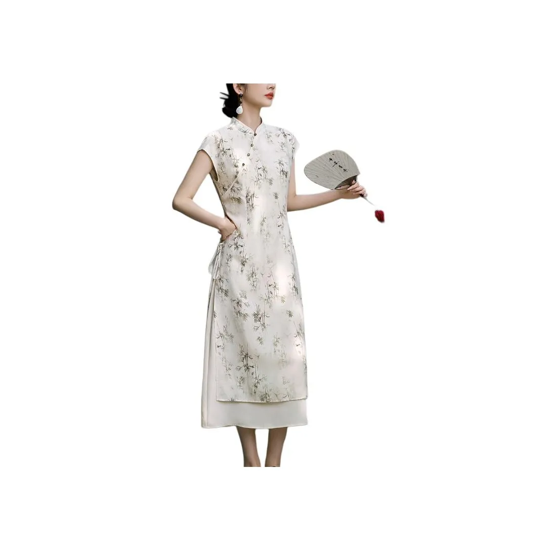 XWI Short Sleeved Dress Women's Beige With Green Print