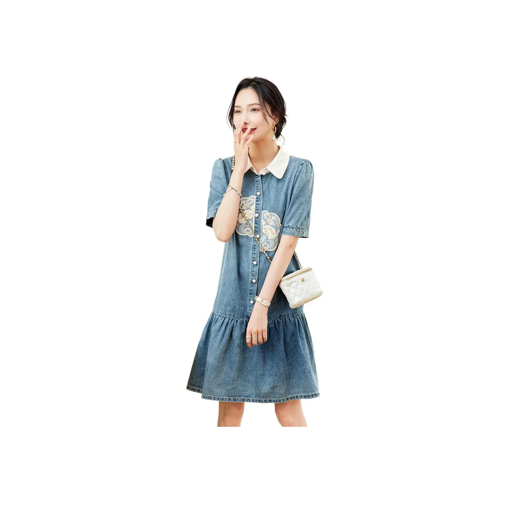 TERRE BLEUE SS24 Short Sleeved Dress Women's Denim Blue
