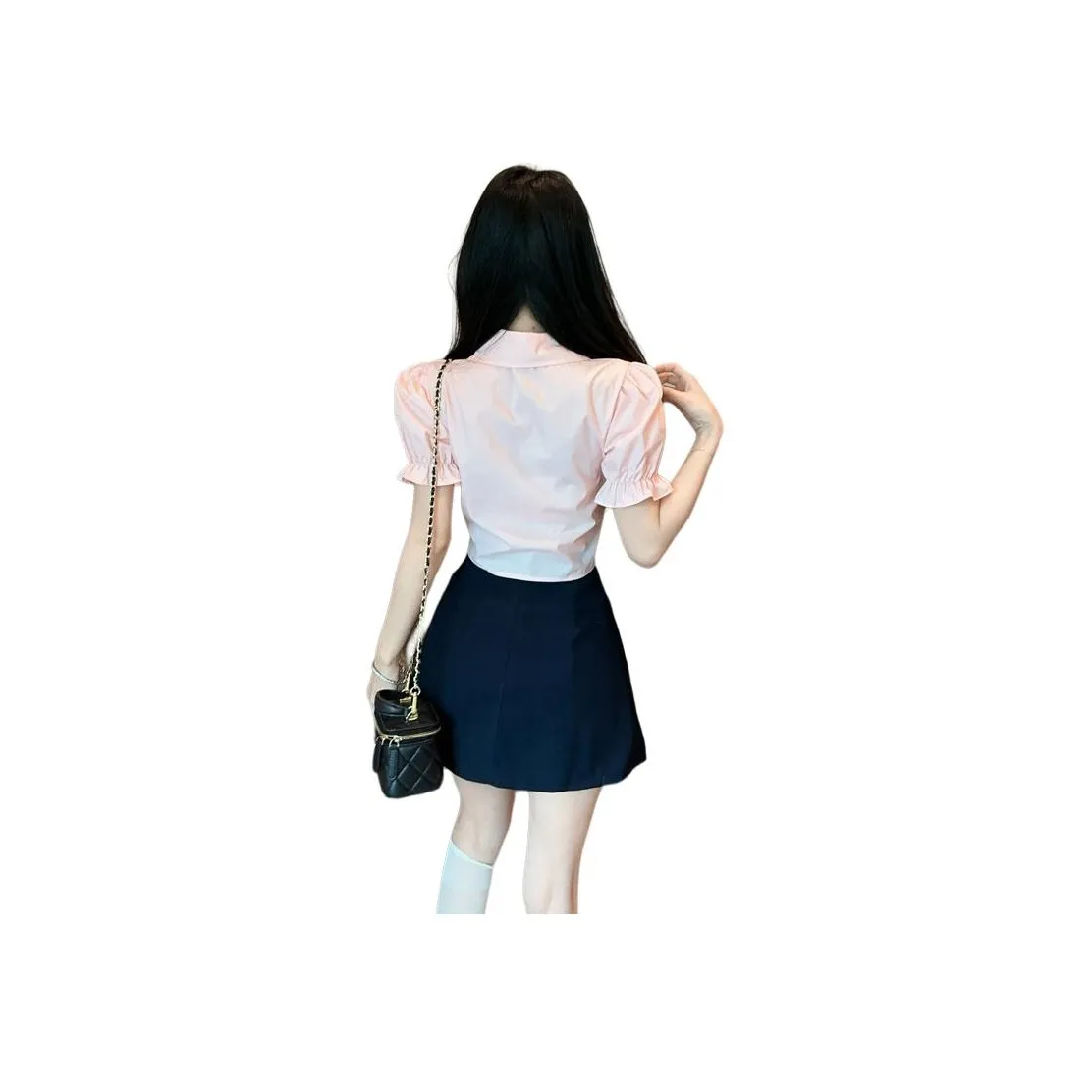 DGMZ Uniforms Women's Pink Top+Blue Skirt With Bow Ties Clothing Set
