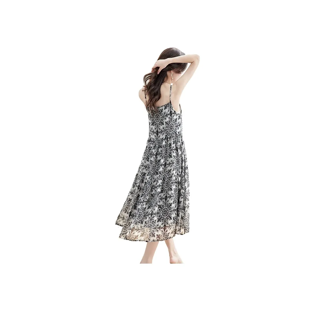 Cypress House Slip Dress Women's White With Black Floral Pattern