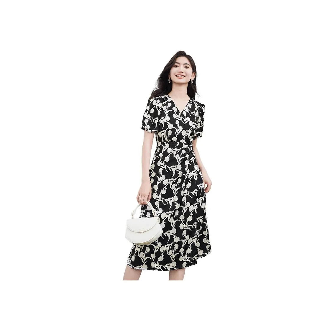 Hopeshow Short Sleeved Dress Women's Black With Floral
