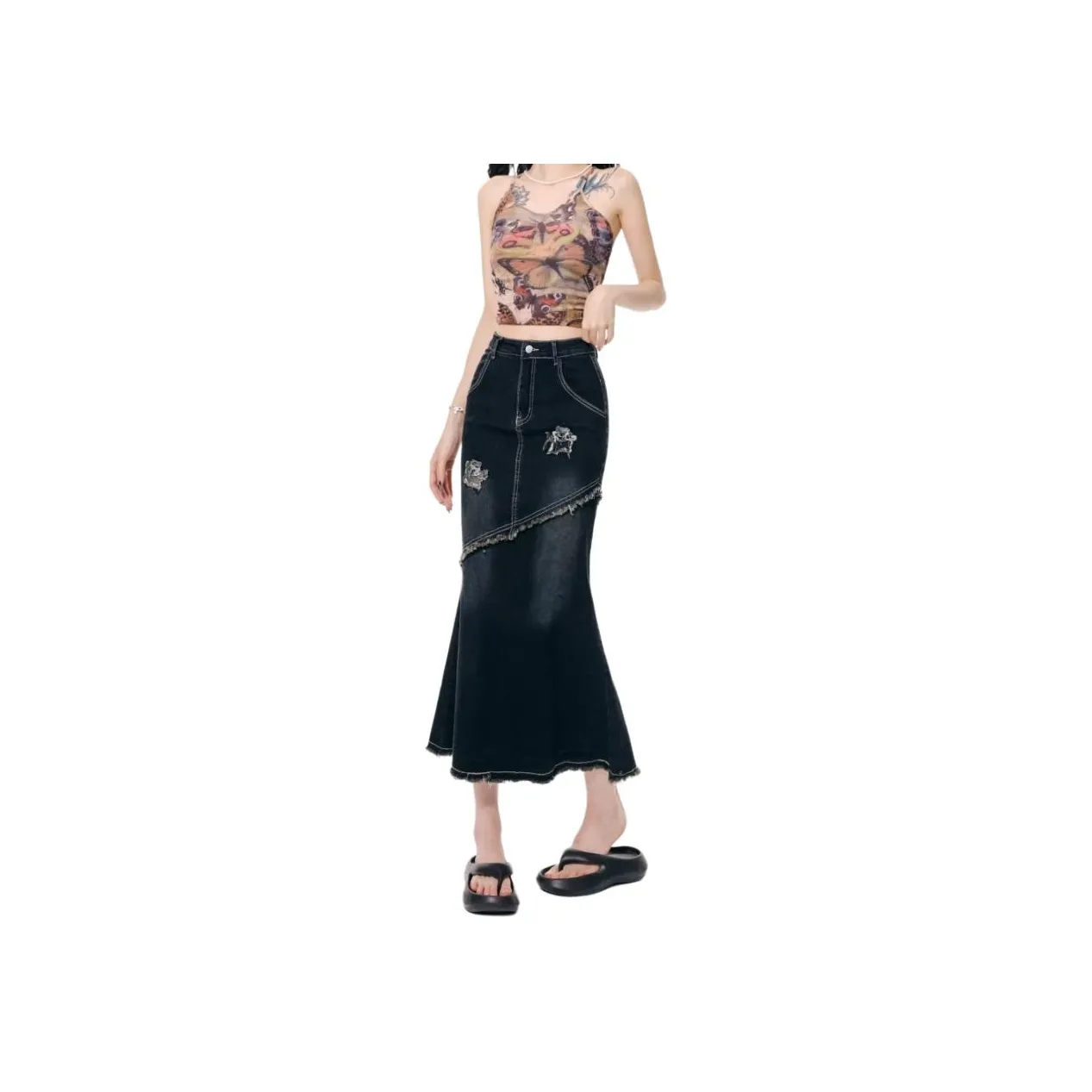 Concubine Zhu Denim Long Skirt Women's Vintage Blue Конкубин Чжу Деним Длинная Юбка Женская Винтажный Синий