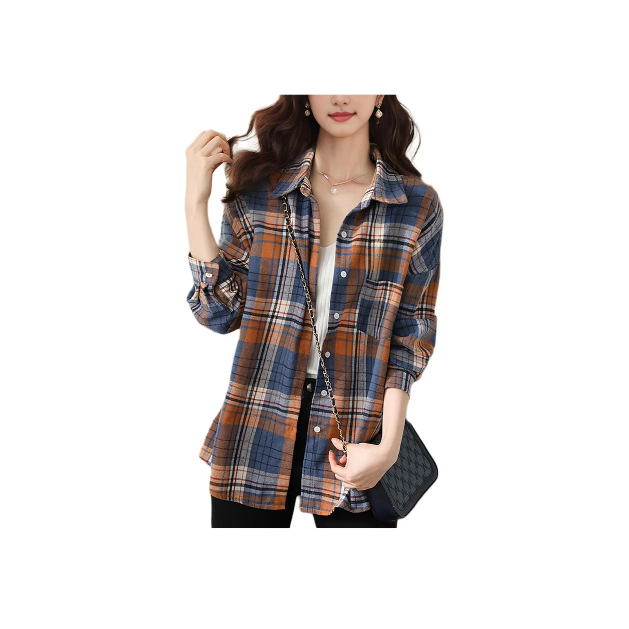 Wbwq Shirt Women's Blue White Orange Plaid
