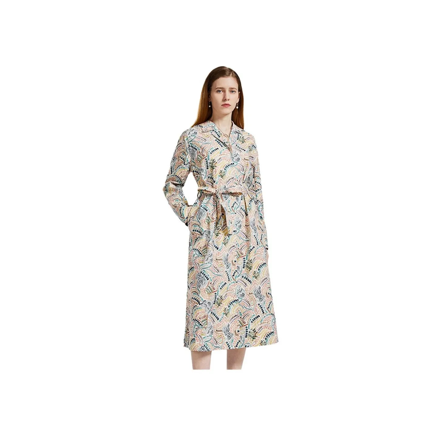 NINE WEST Long Sleeved Dress Women's White Base Coffee Floral