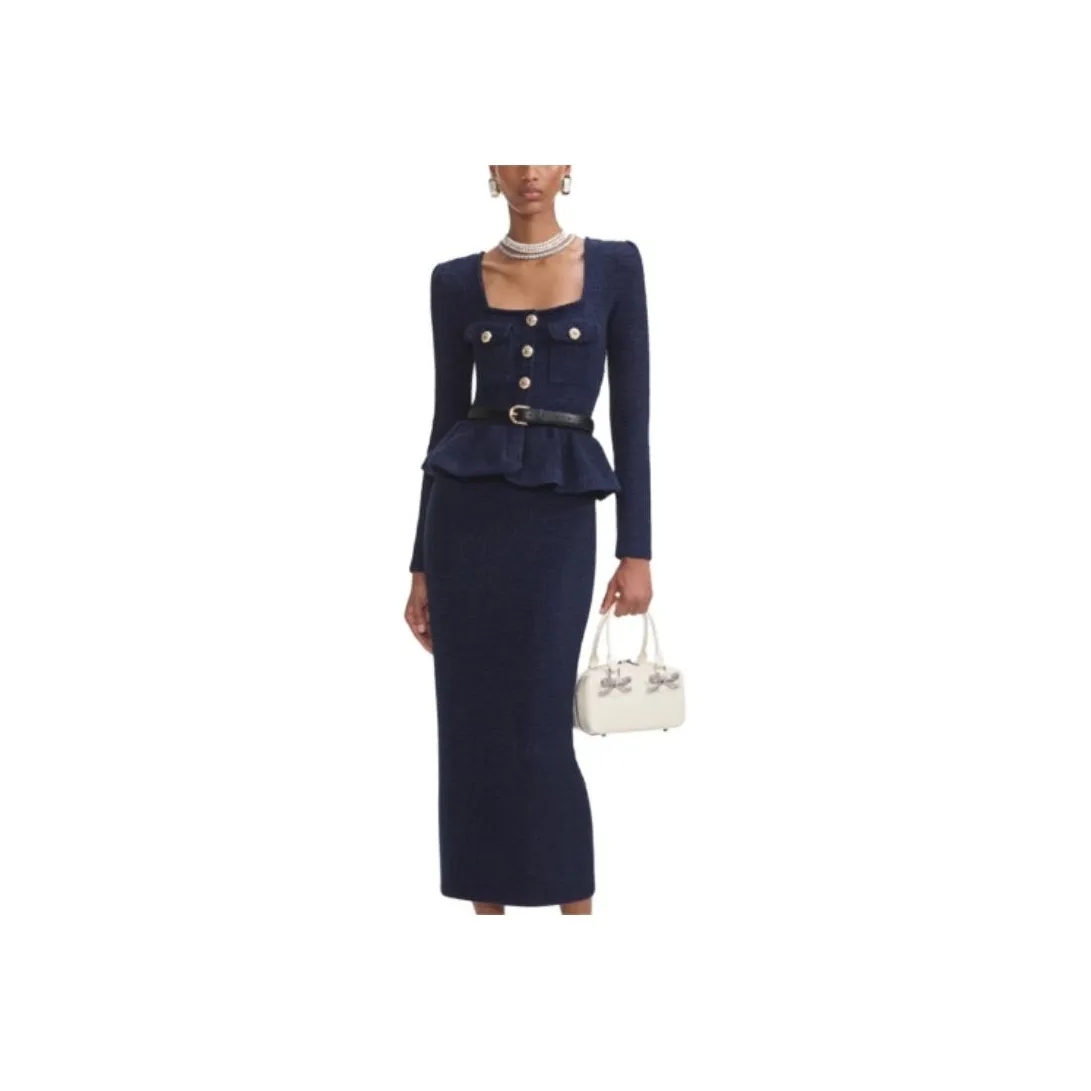 Self portrait Long Sleeved Dresses Women's Navy Blue Belt Not Included