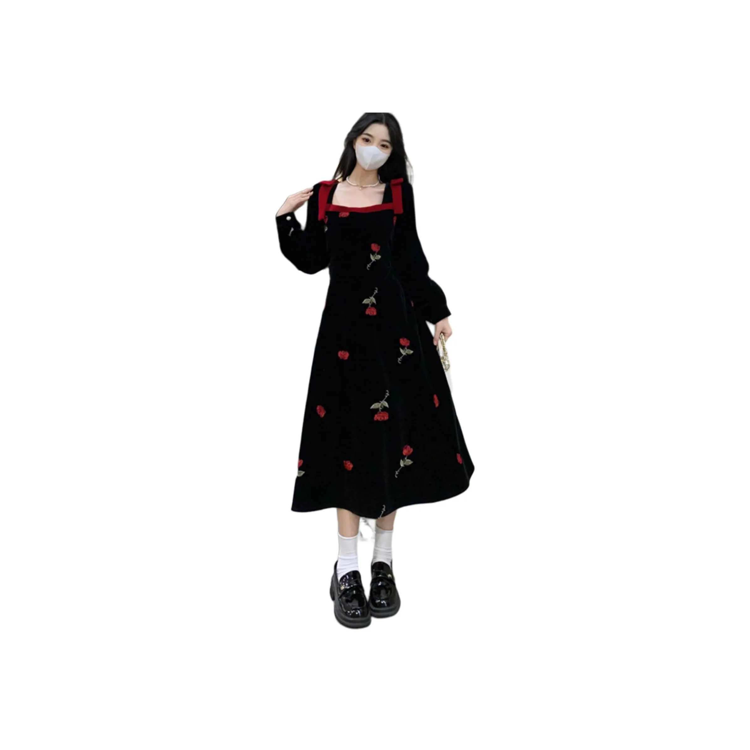 GULIANFEI Длинное платье с длинными рукавами женское черное