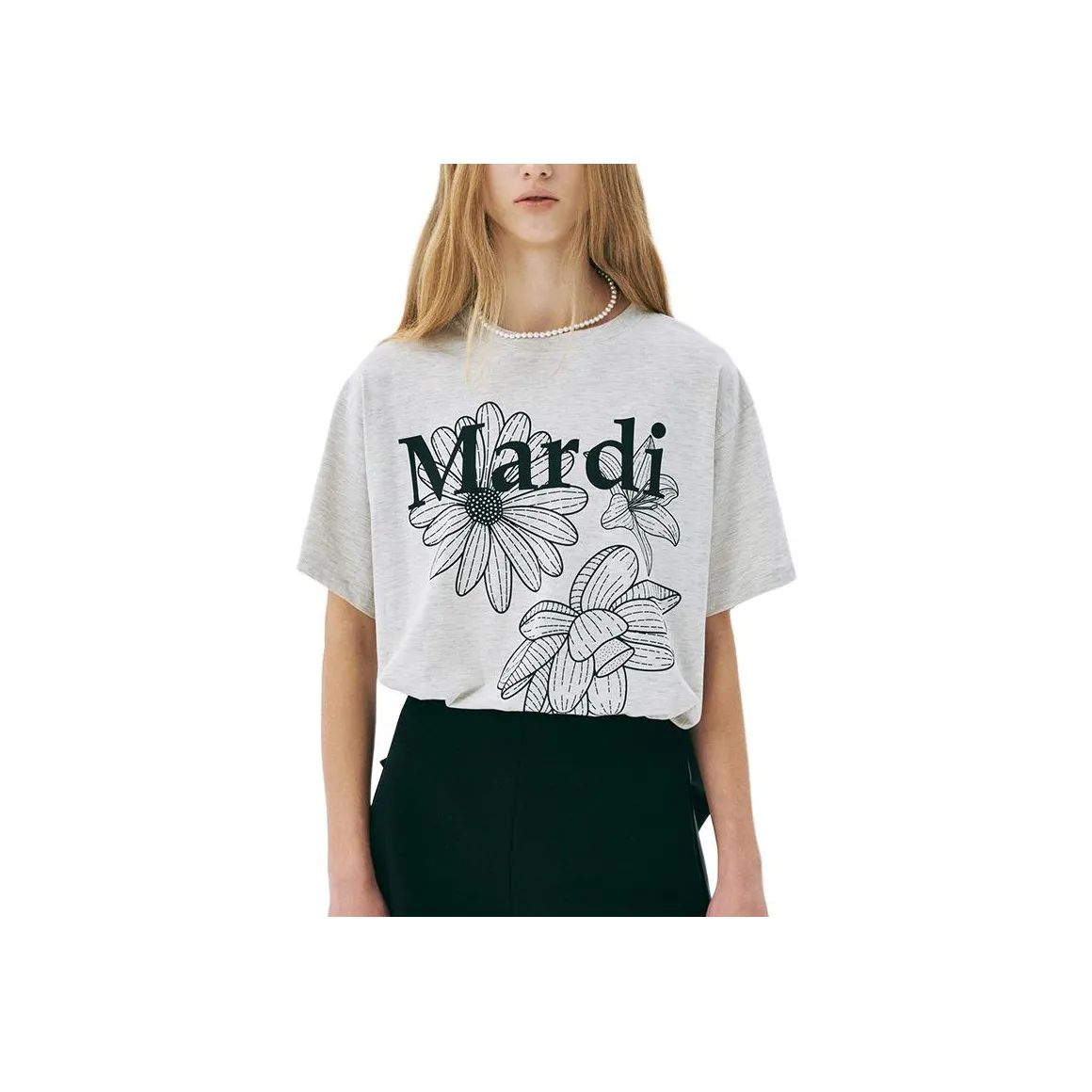 MARDI MERCREDI Three Flowers Collection SS25 T-Shirt Women's Oat Black Korean Style