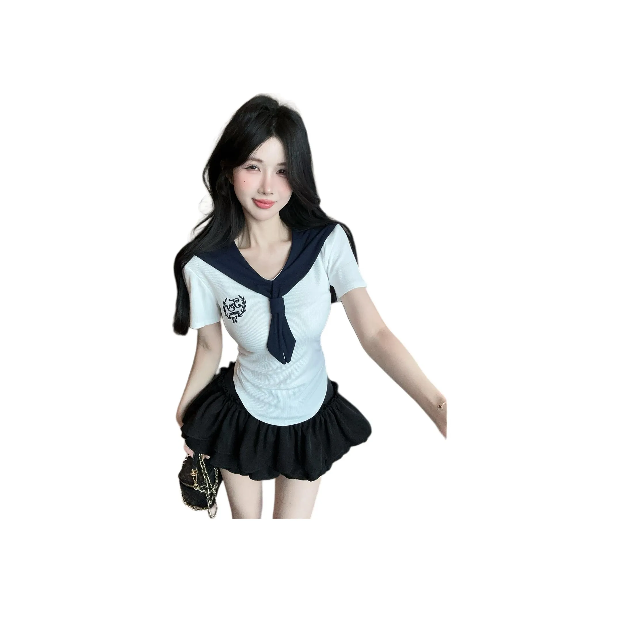 Mu Xiao Xin Skirt Set Women's White Short Sleeved Top/Black Skirt