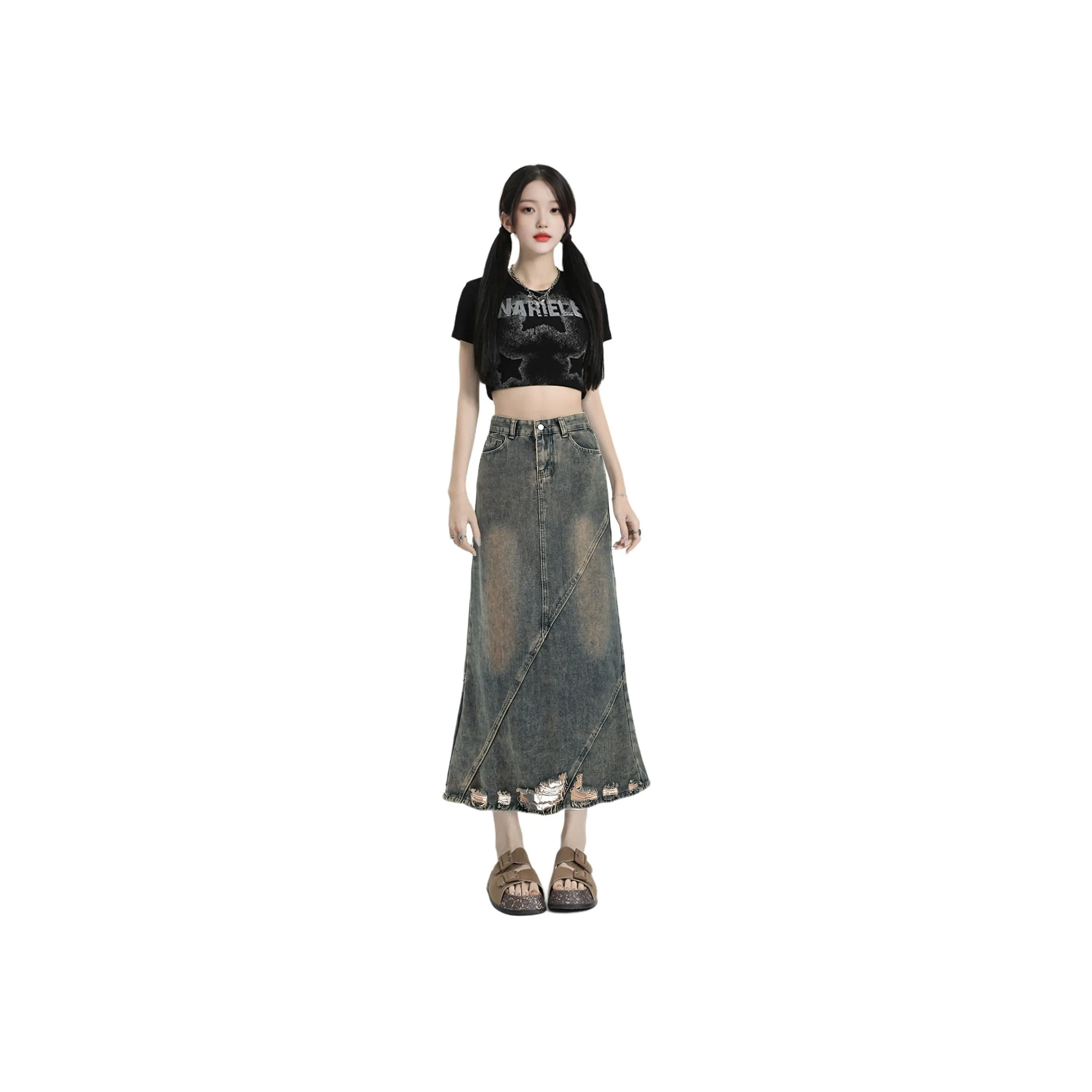ROBINHOOD Denim Long Skirts Women's Vintage Blue