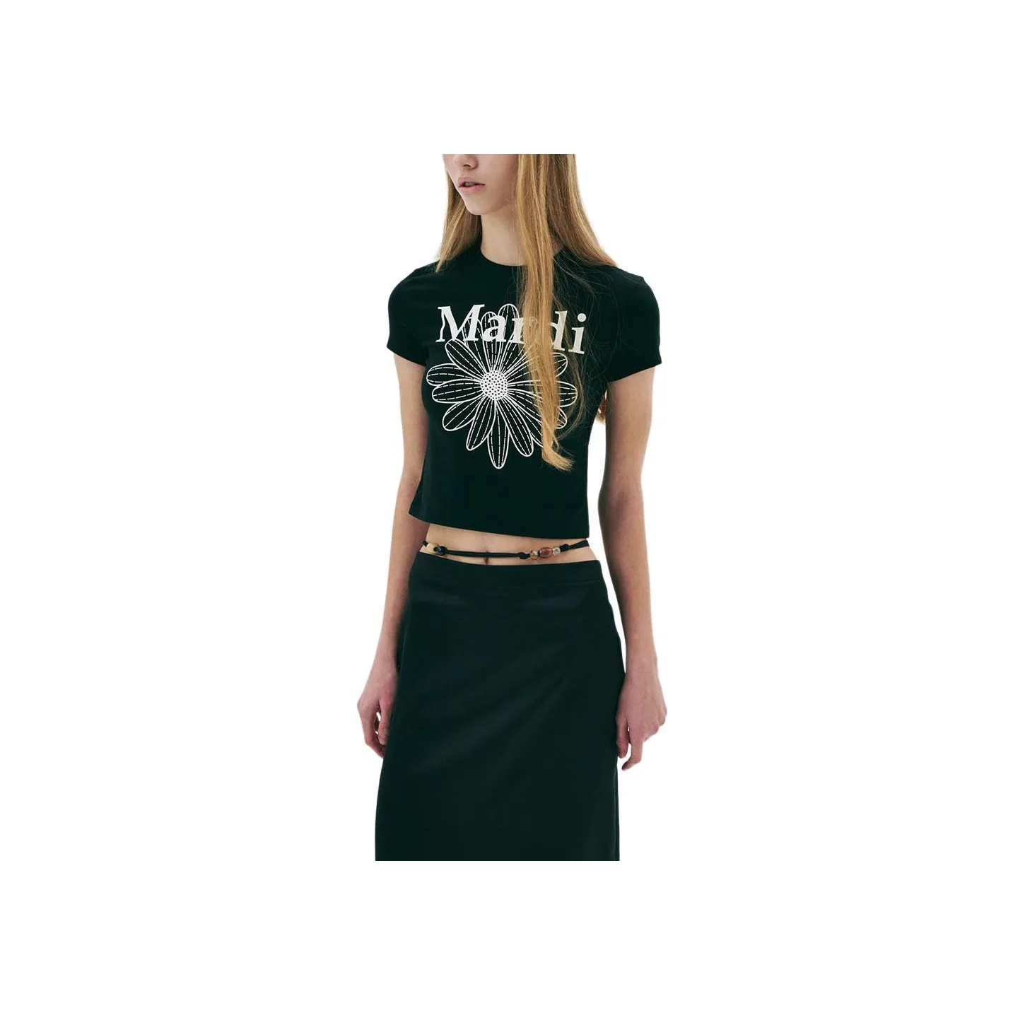 MARDI MERCREDI SS25 Укороченная футболка FLOWERMARDI_Черный Сливочный КРОВТОП Корейский стиль Женский Черный Ивовый