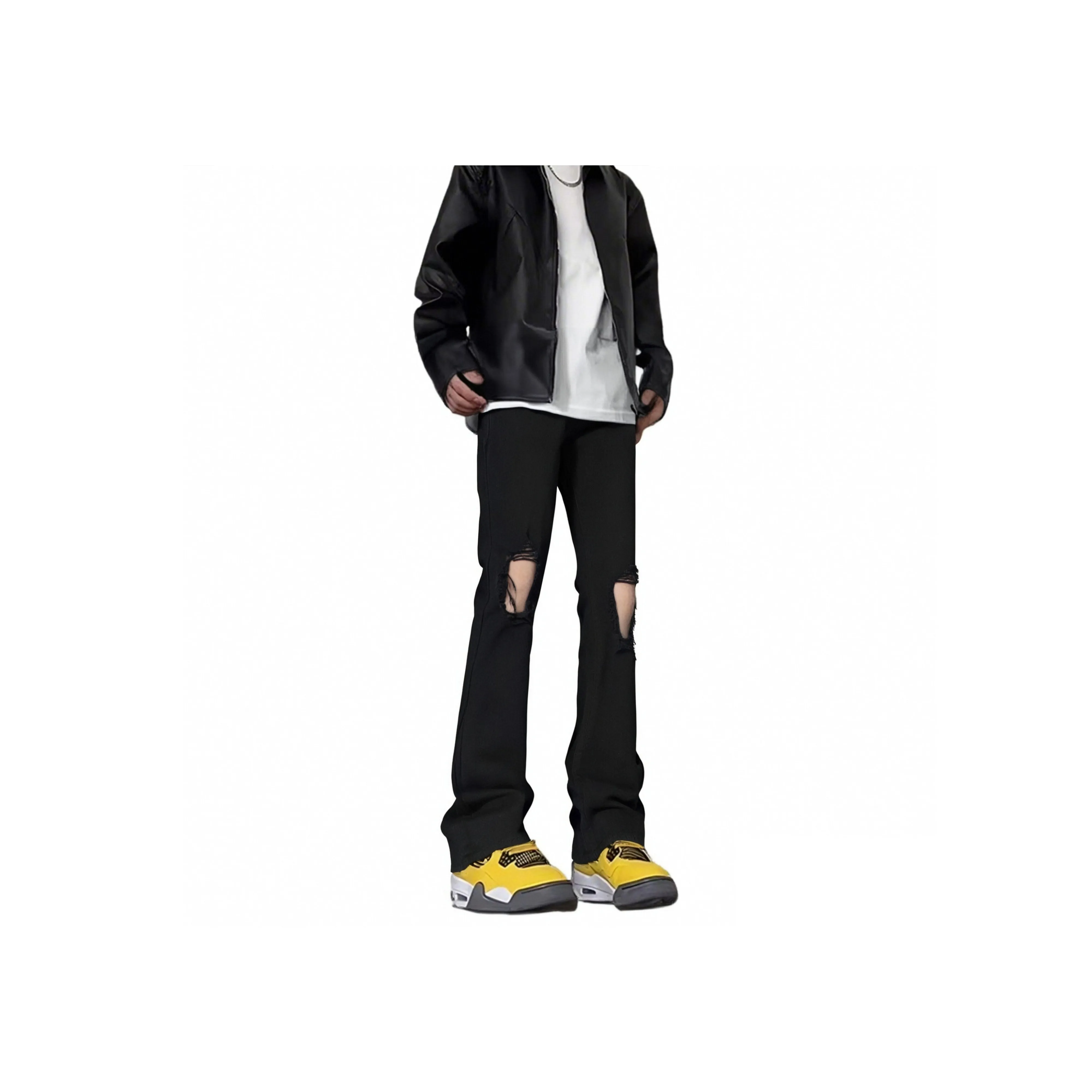 Menglaini Jeans Unisex Black[Frayed Edge Ripped]