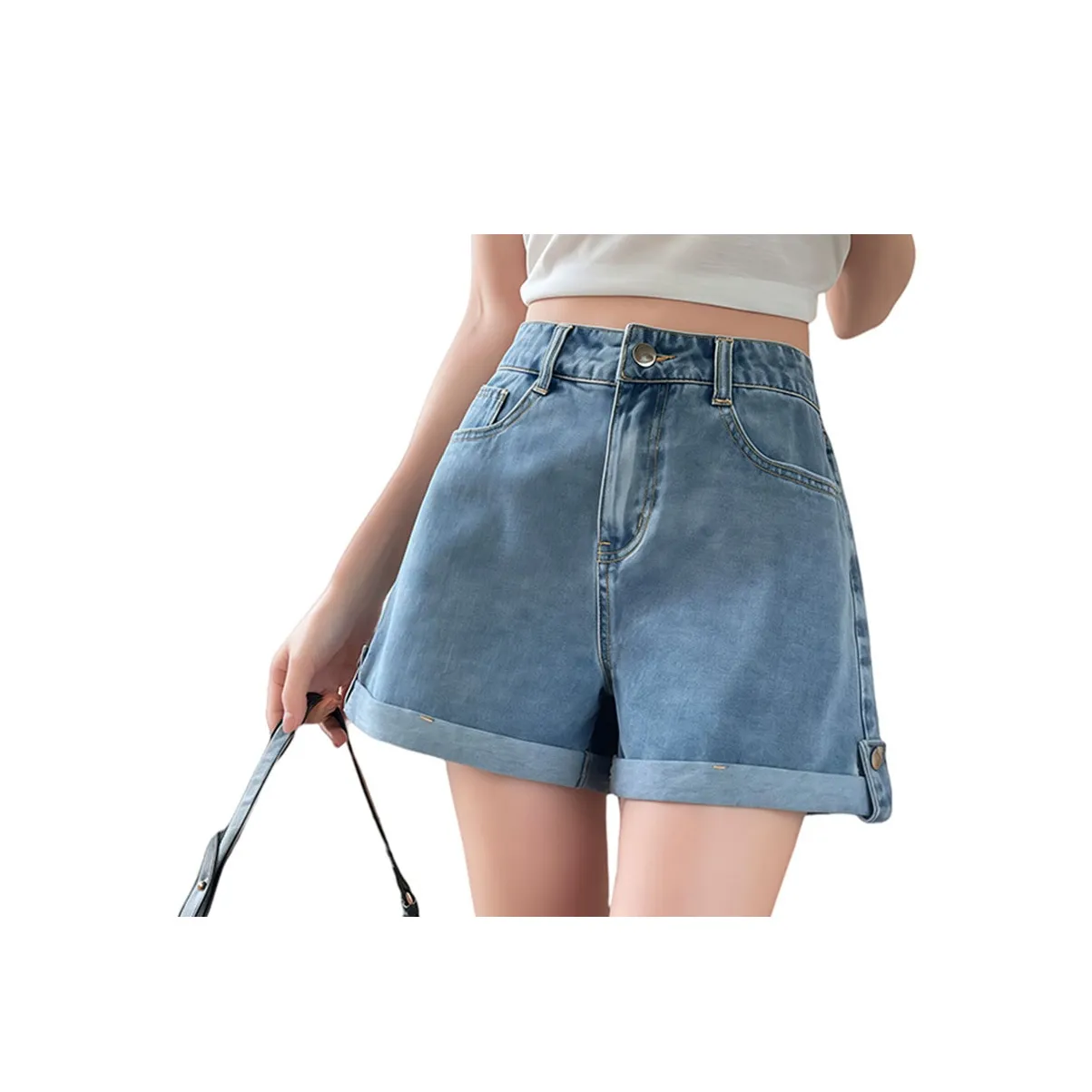 JEANSWEST American Vintage Washable Flared Loose Fit High Rise Versatile Casual Petite Summer Women's Light Blue