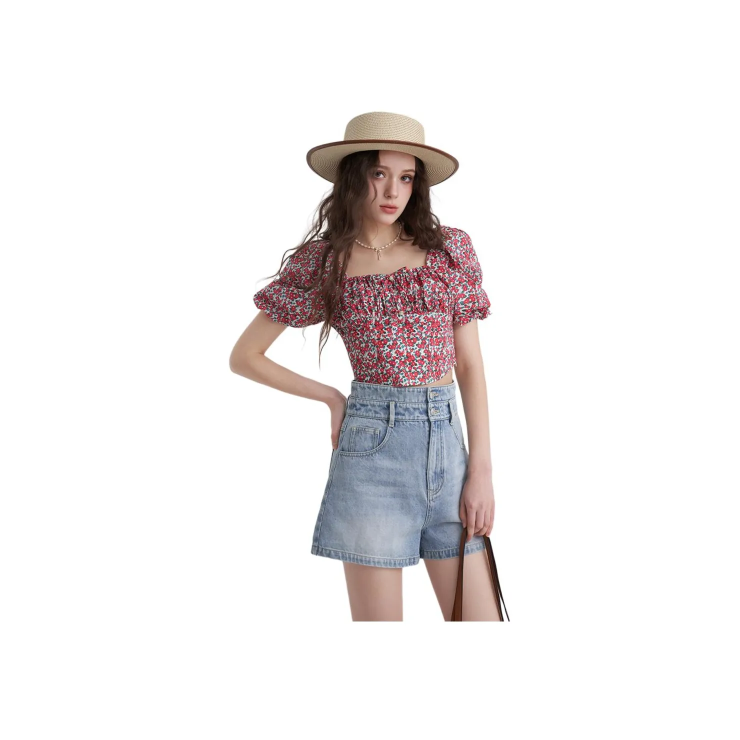 JORYAweekend French Vintage Квадратный воротник Бант Рукав буф Короткий рукав Рубашка Женская