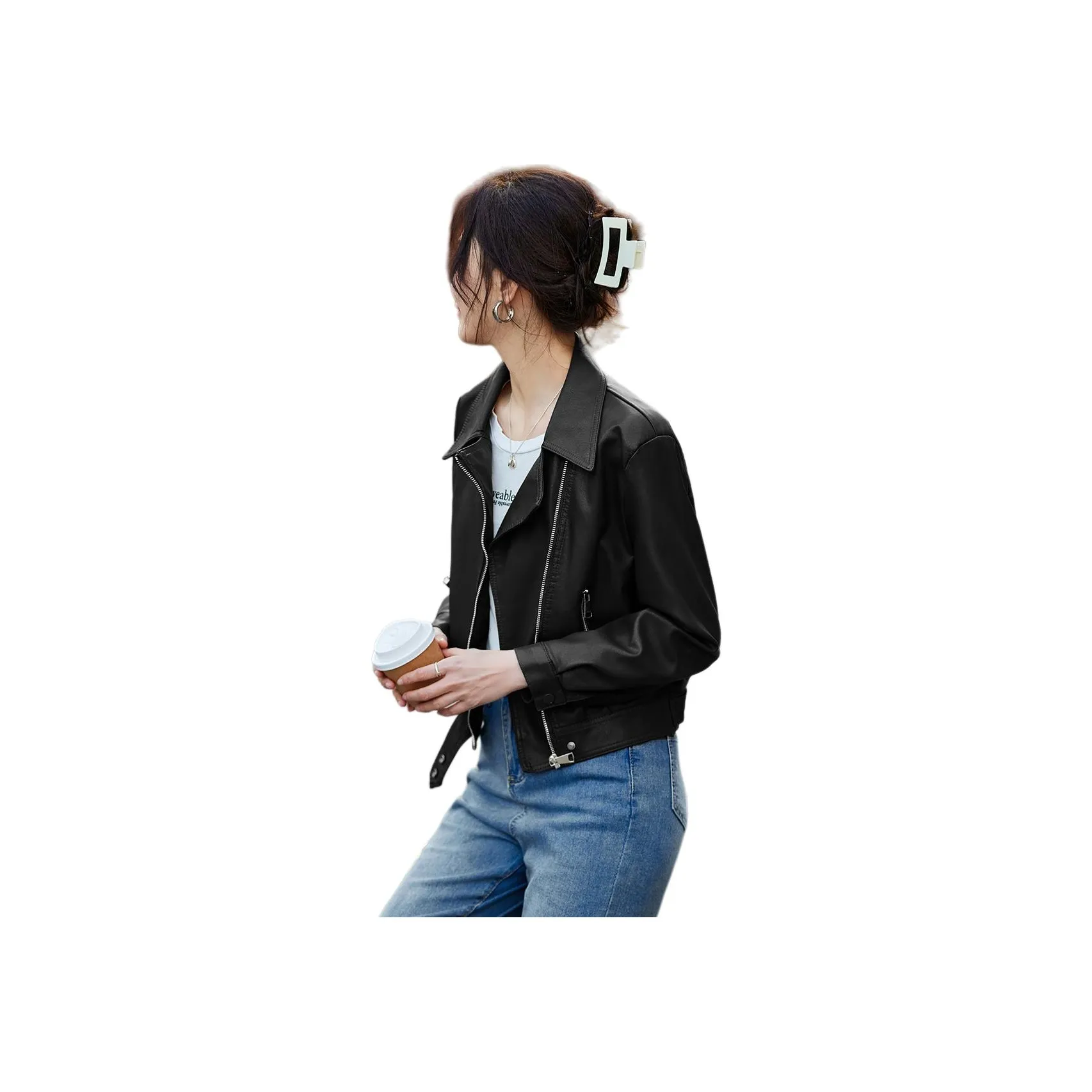 TERRE BLEUE Spring, Fall Leather Jacket Loose Fit Women's