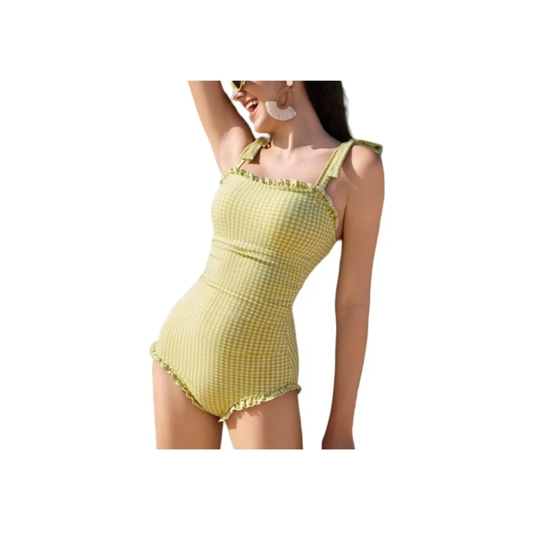 ZOKE One-piece Swimsuit Women's Pink Green White Plaid Floral