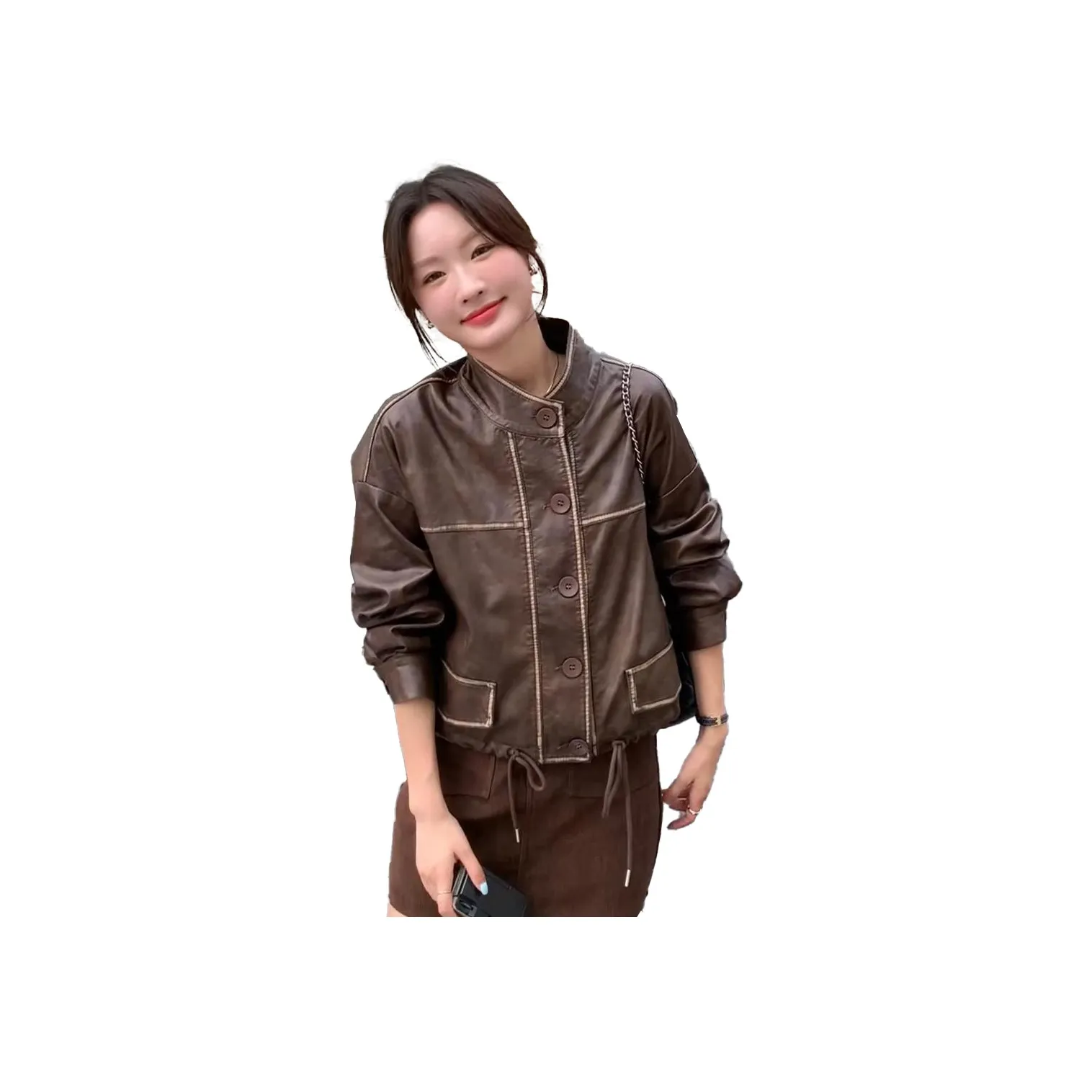 STARFEI Leather Jacket Women's Dark Brown