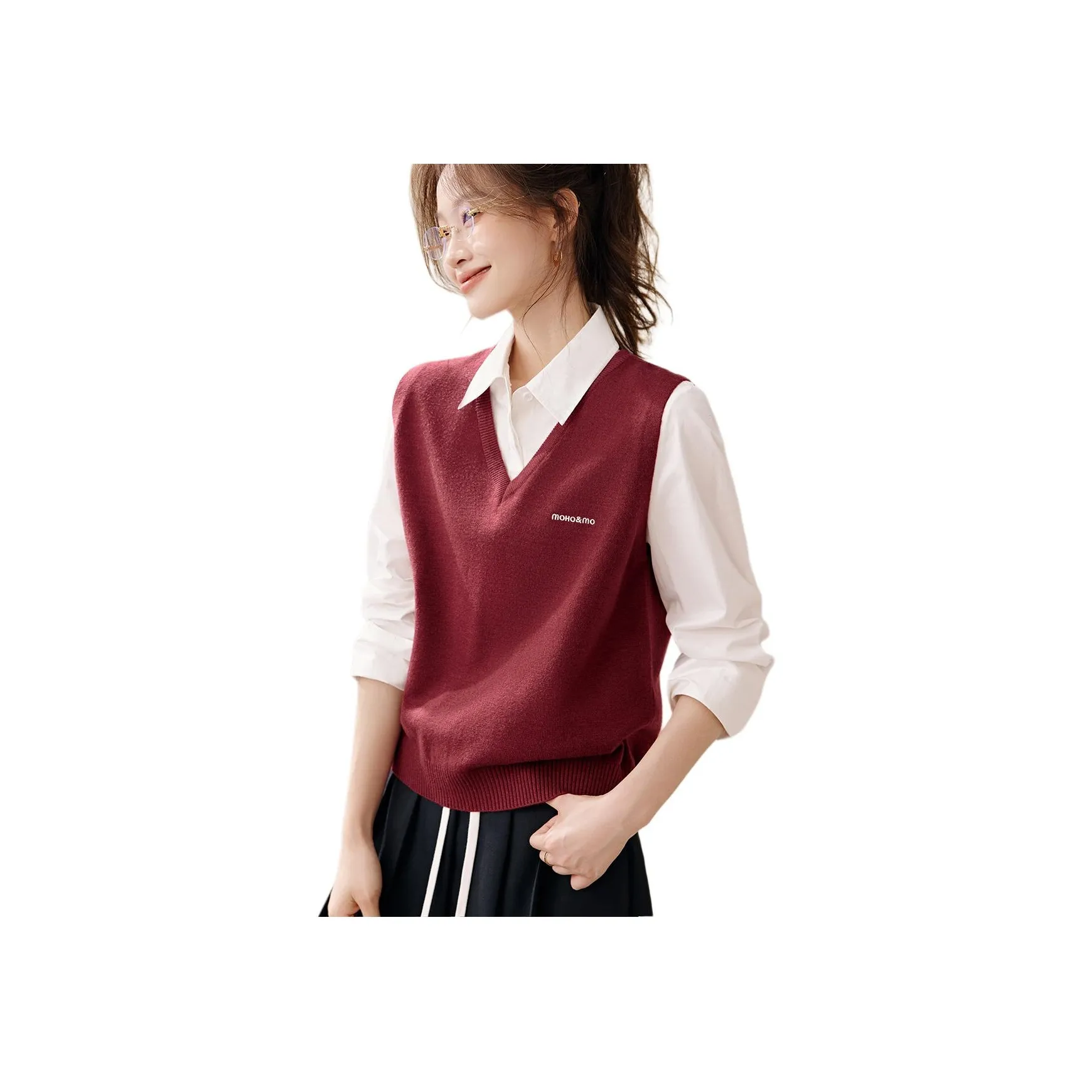 Mo Han Yi Mei Бордовый V-образный вырез Женские жилеты