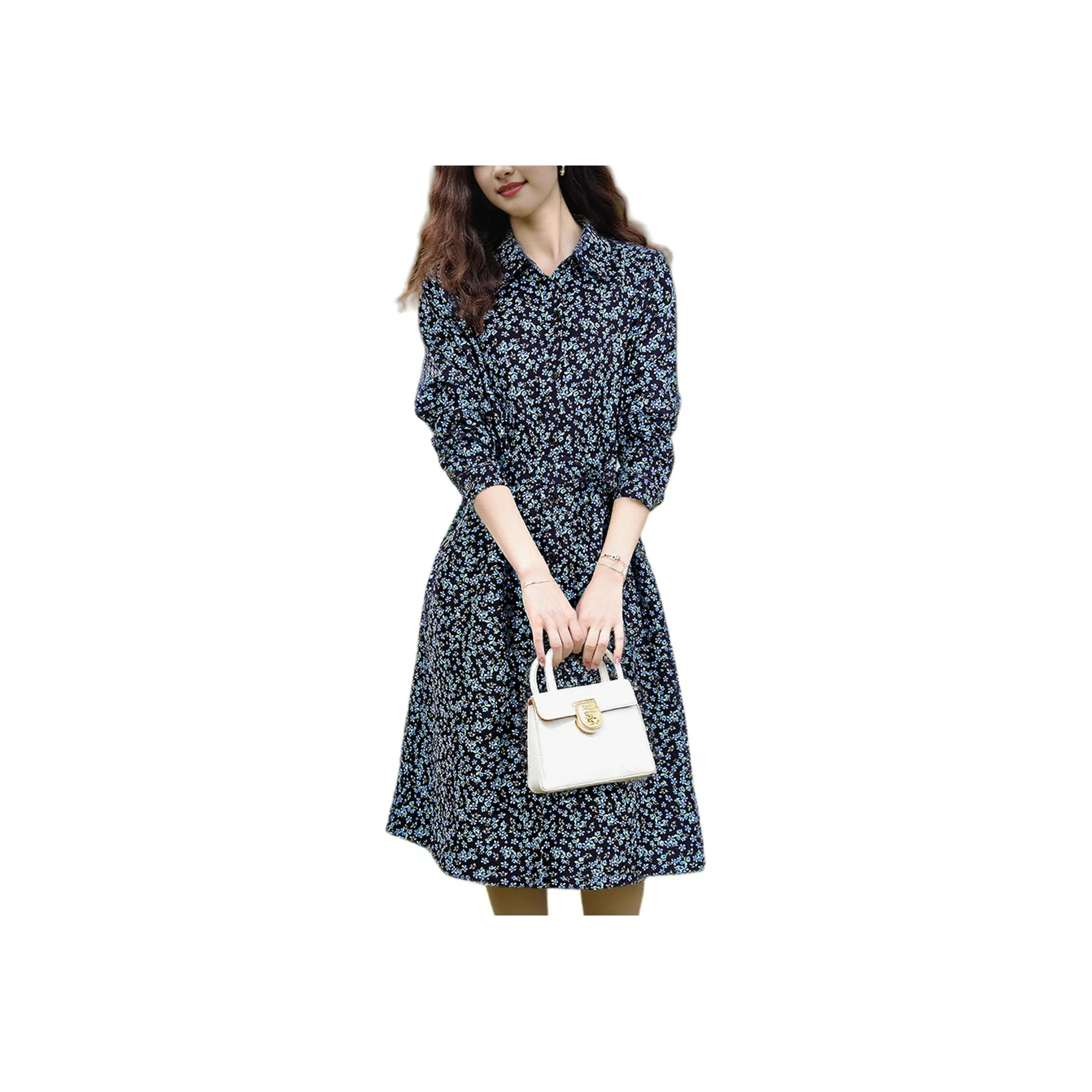 Wbwq Long-Sleeved Dresses Women's Black Background With Blue Flowers