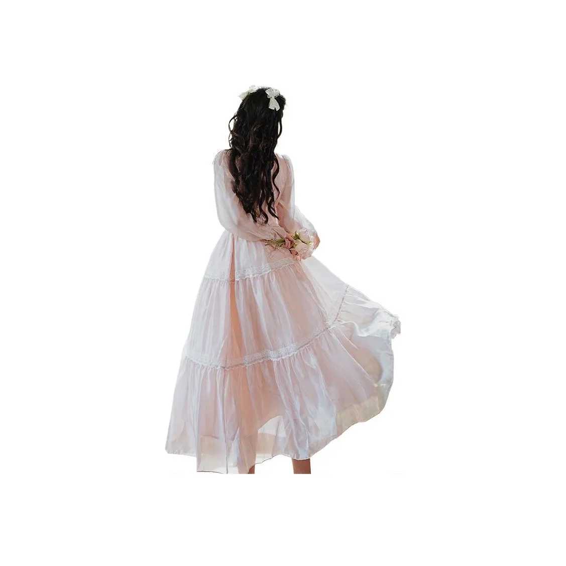 PLANE DRIFT Long Sleeved Dress Women's White Peach Pink