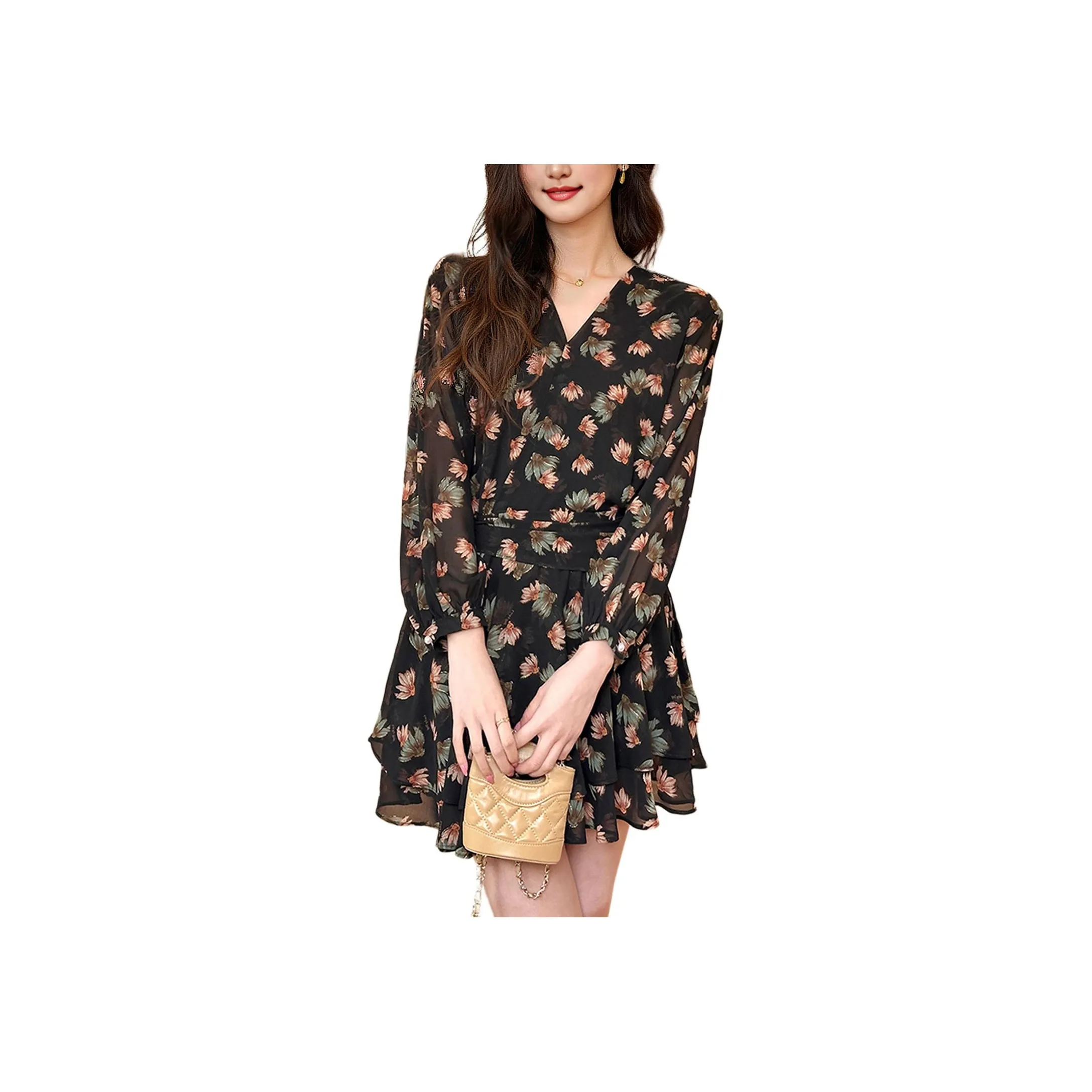 Wbwq Длинное платье с длинными рукавами женское черное с цветами