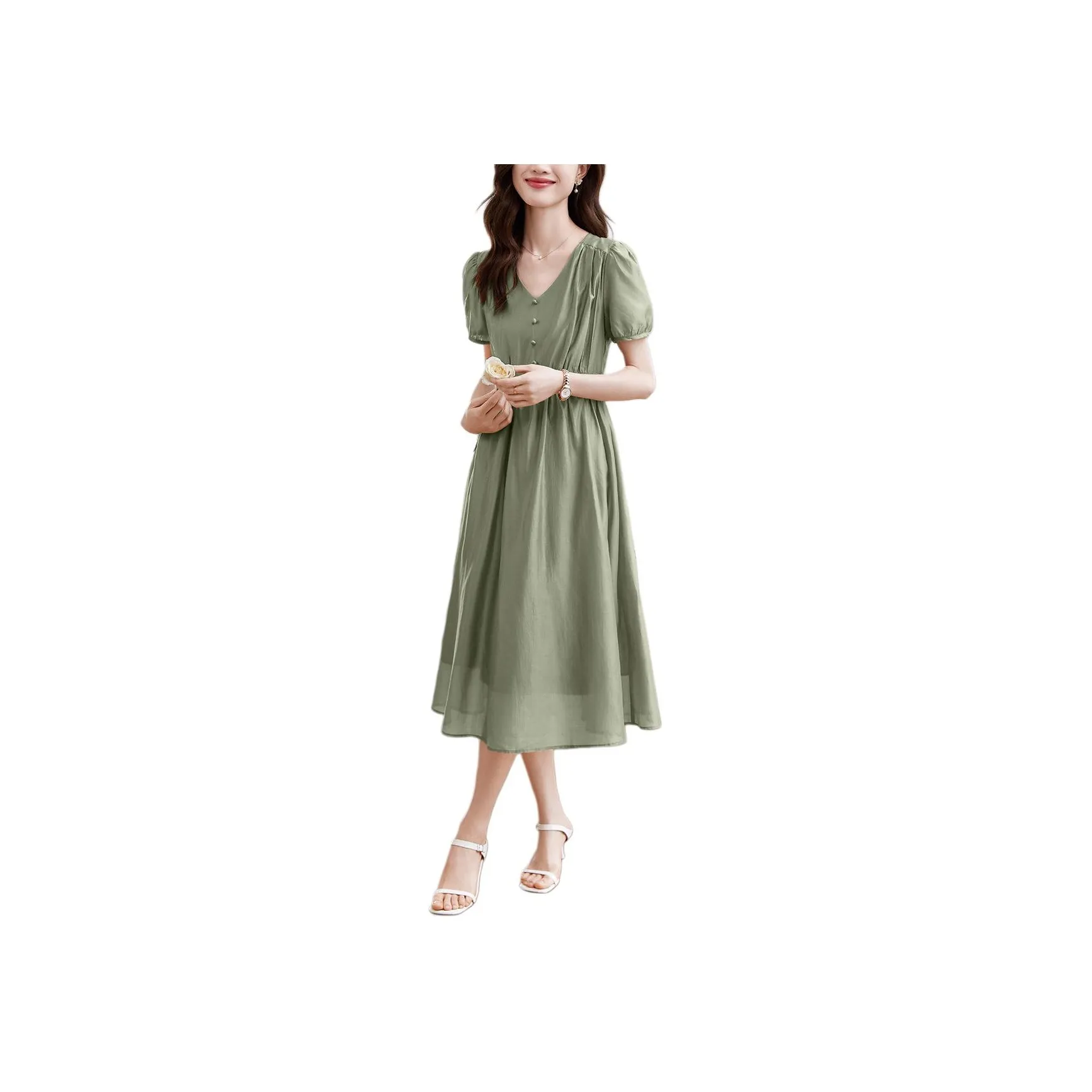 Mo Han Yi Mei Короткий рукав Платье Женское Гороховый зеленый