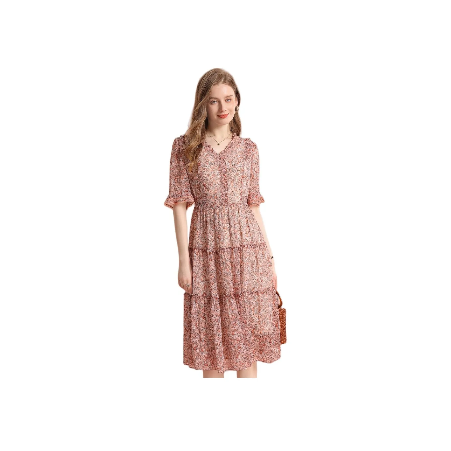 FENHONGMALI Short Sleeved Dress Women's Orange
