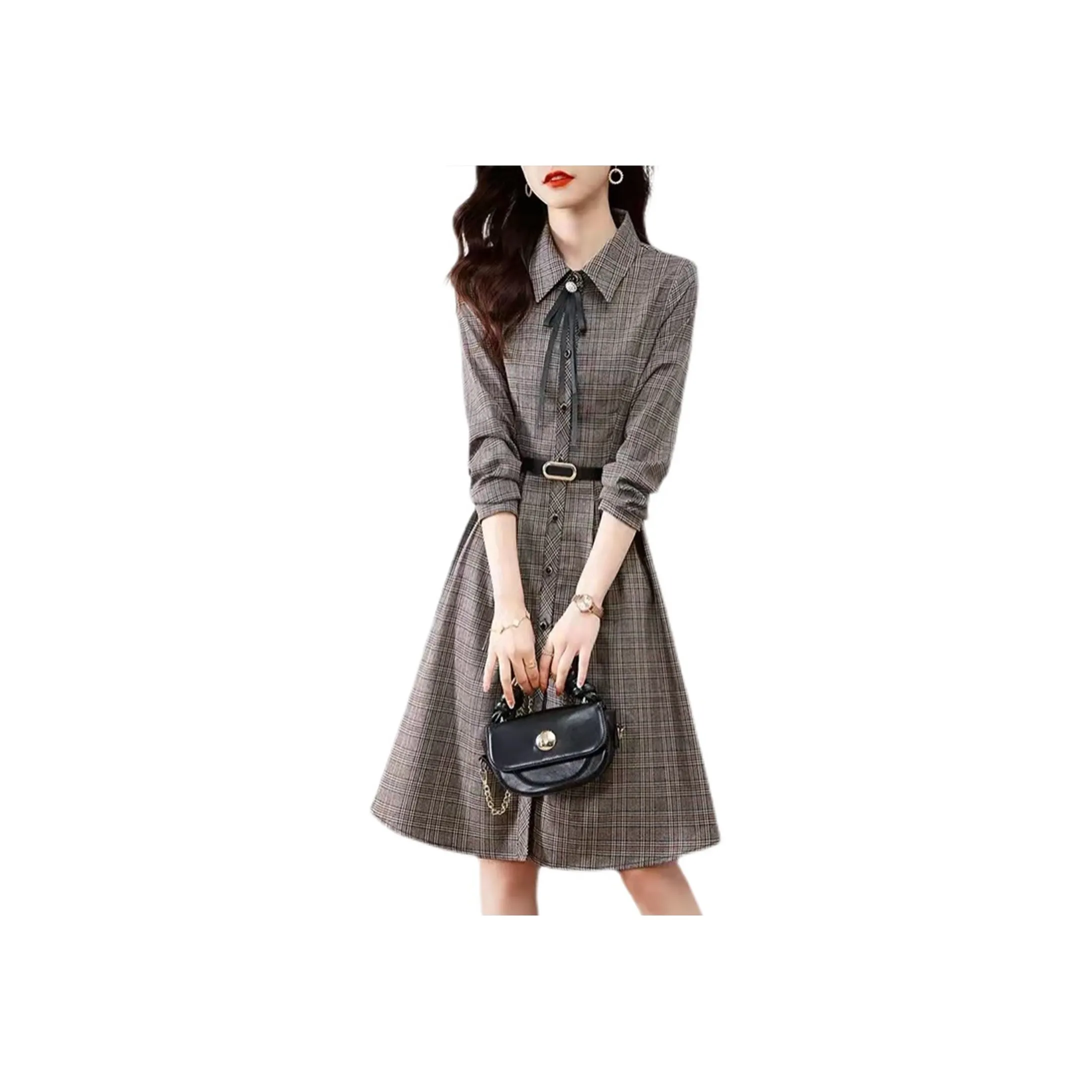 Wbwq Long Sleeved Dress Women's Gray Coffee Plaid