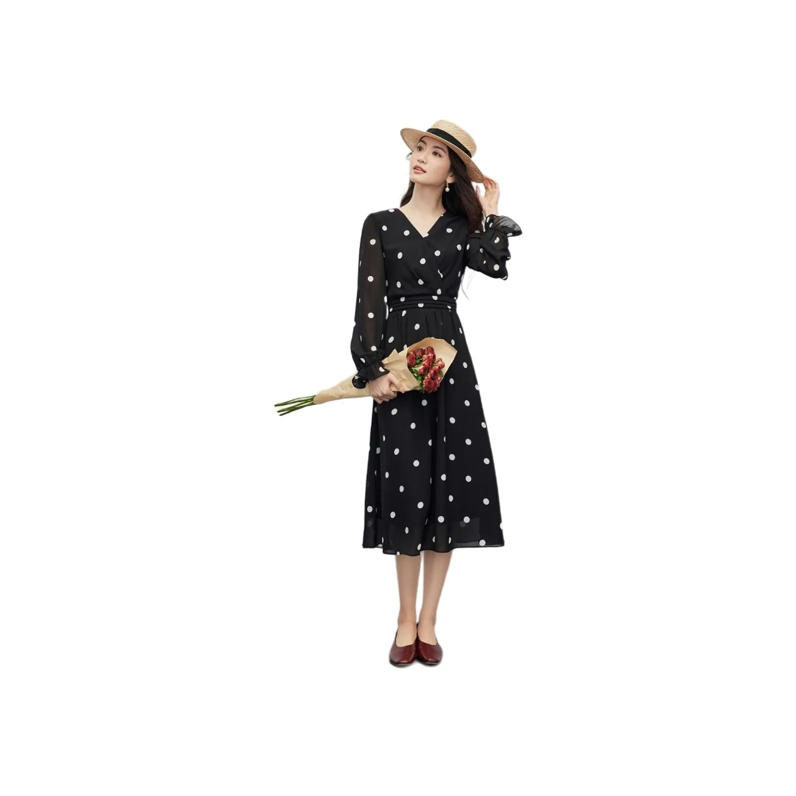 Hopeshow Long Sleeved Dresses Women's Black With White Dot