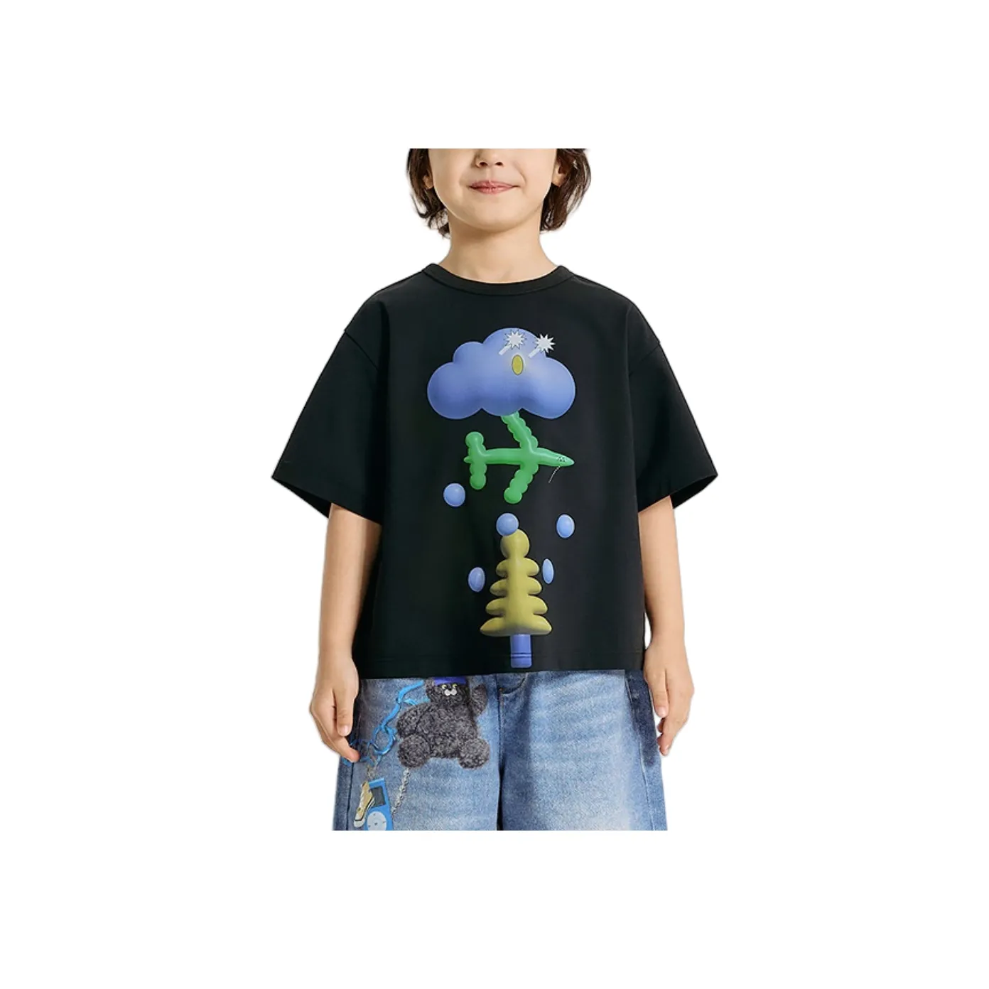 Woobaby T-рубашка SS25 Конфетный цвет Дождь Черный Children Возраст 3-7 лет