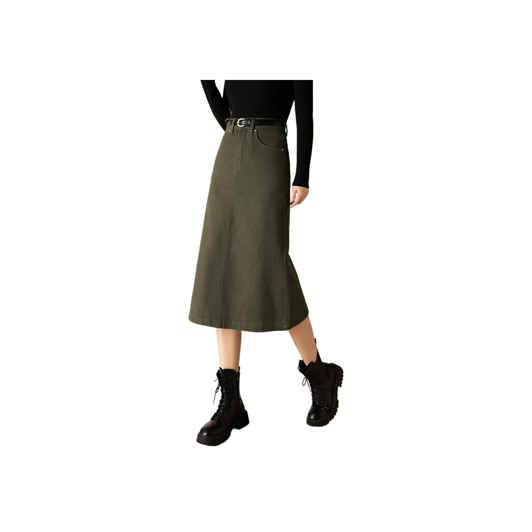 Mo Han Yi Mei Denim Long Skirts Women's Green