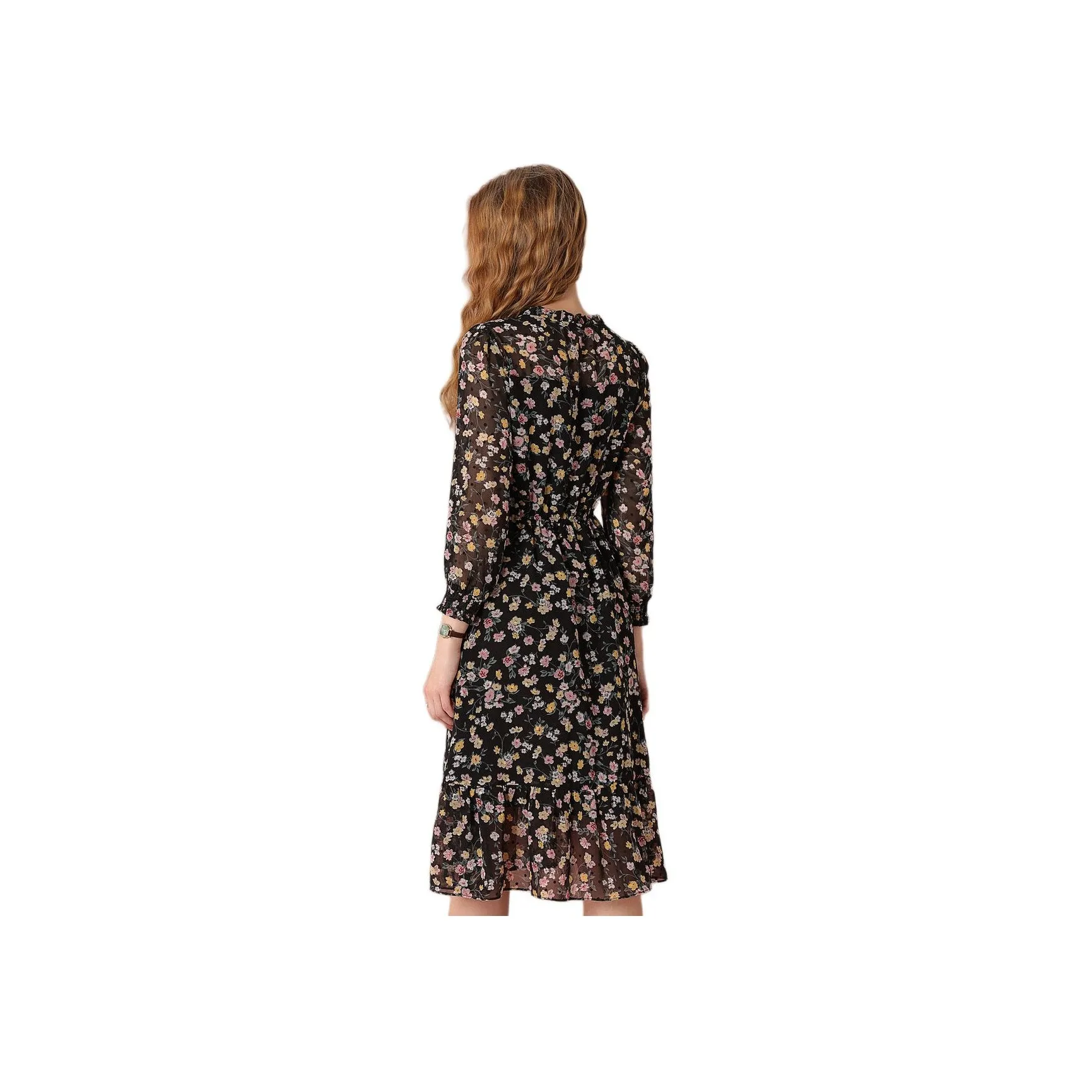 FENHONGMALI Long Sleeved Dresses Women's Black Floral