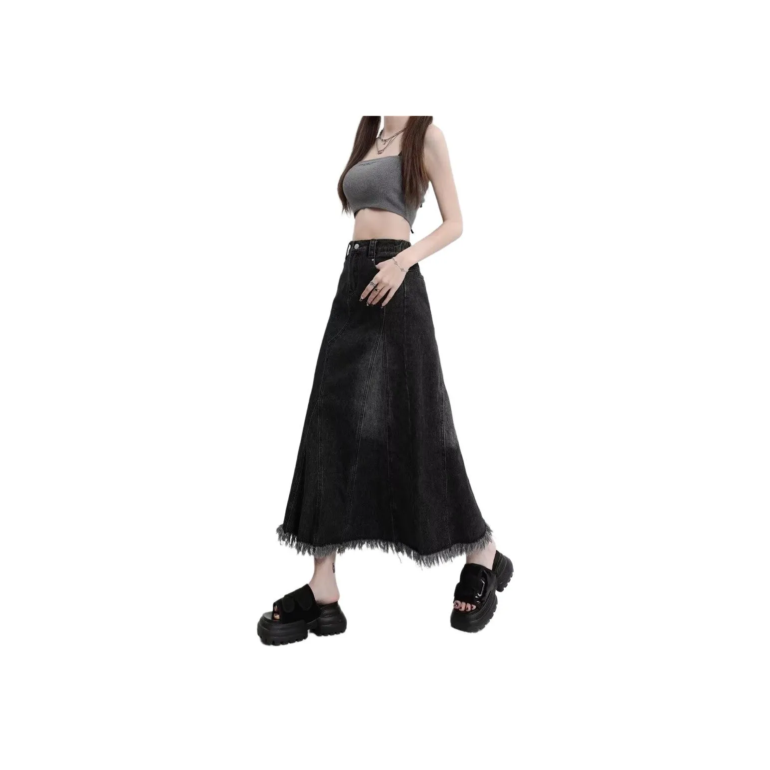 Concubine Zhu Denim Длинная Юбка Женская Черная