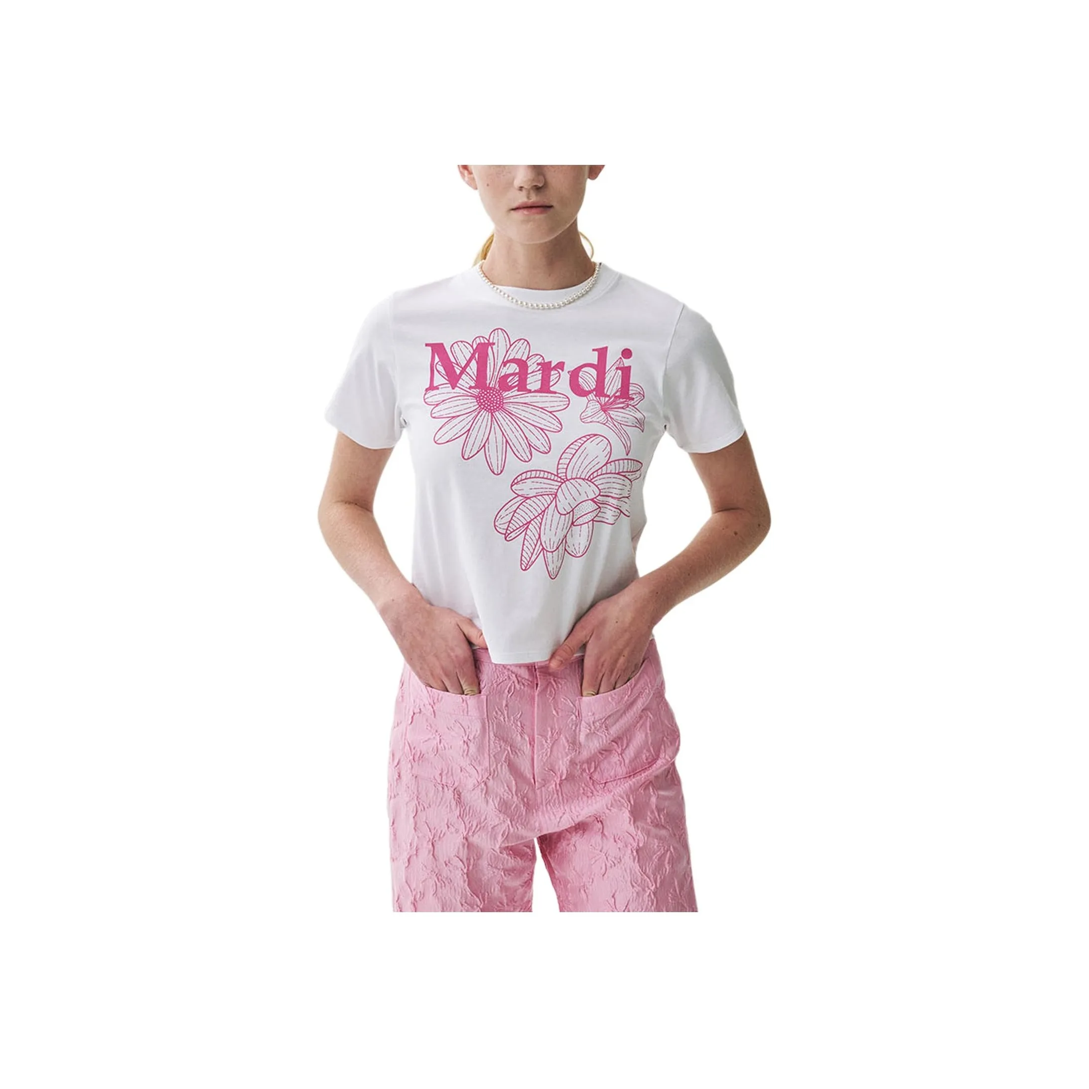 MARDI MERCREDI Three Flowers Collection SS25 T Shirt Women's White/Pink Korean Style