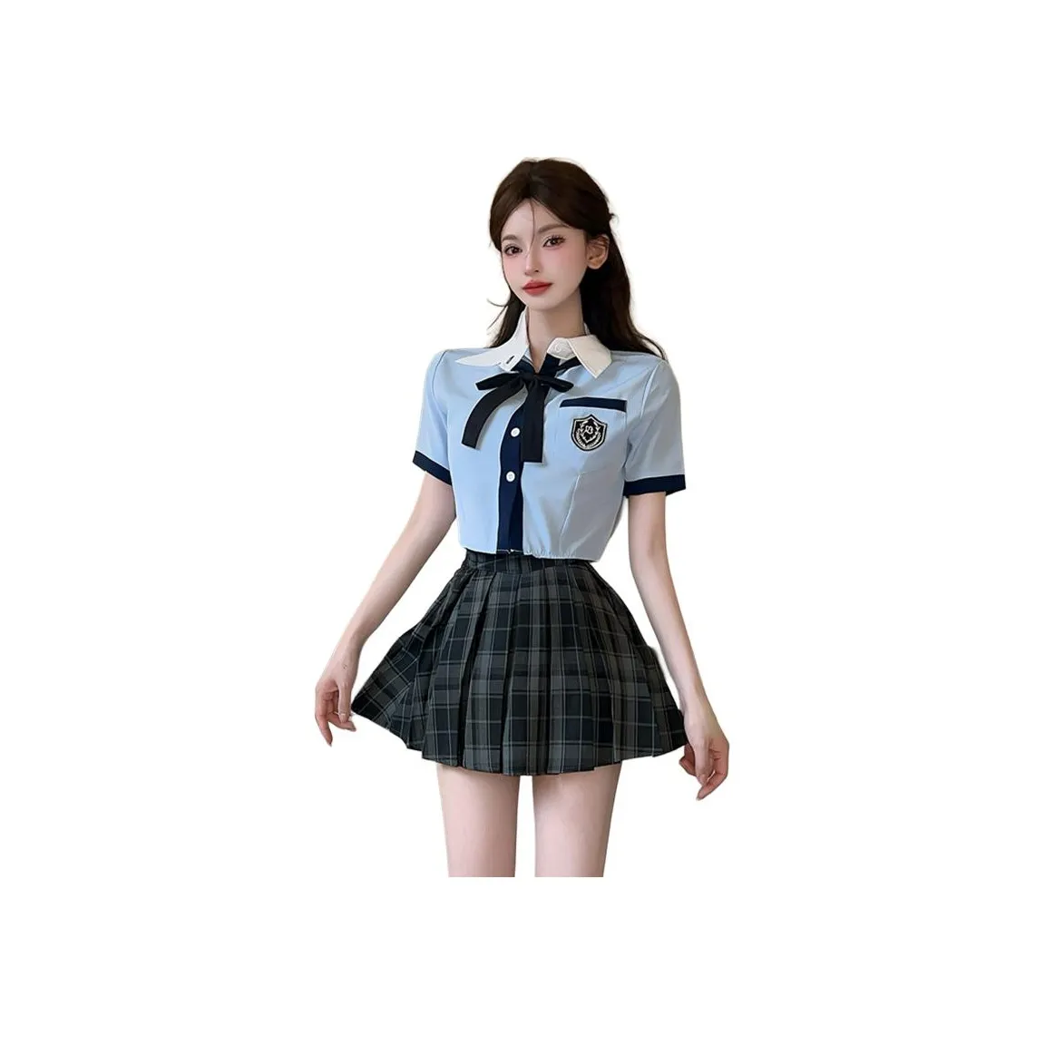 Mm Uniforms Women's Blue Shirt+Plaid Dress+Bow Ties
