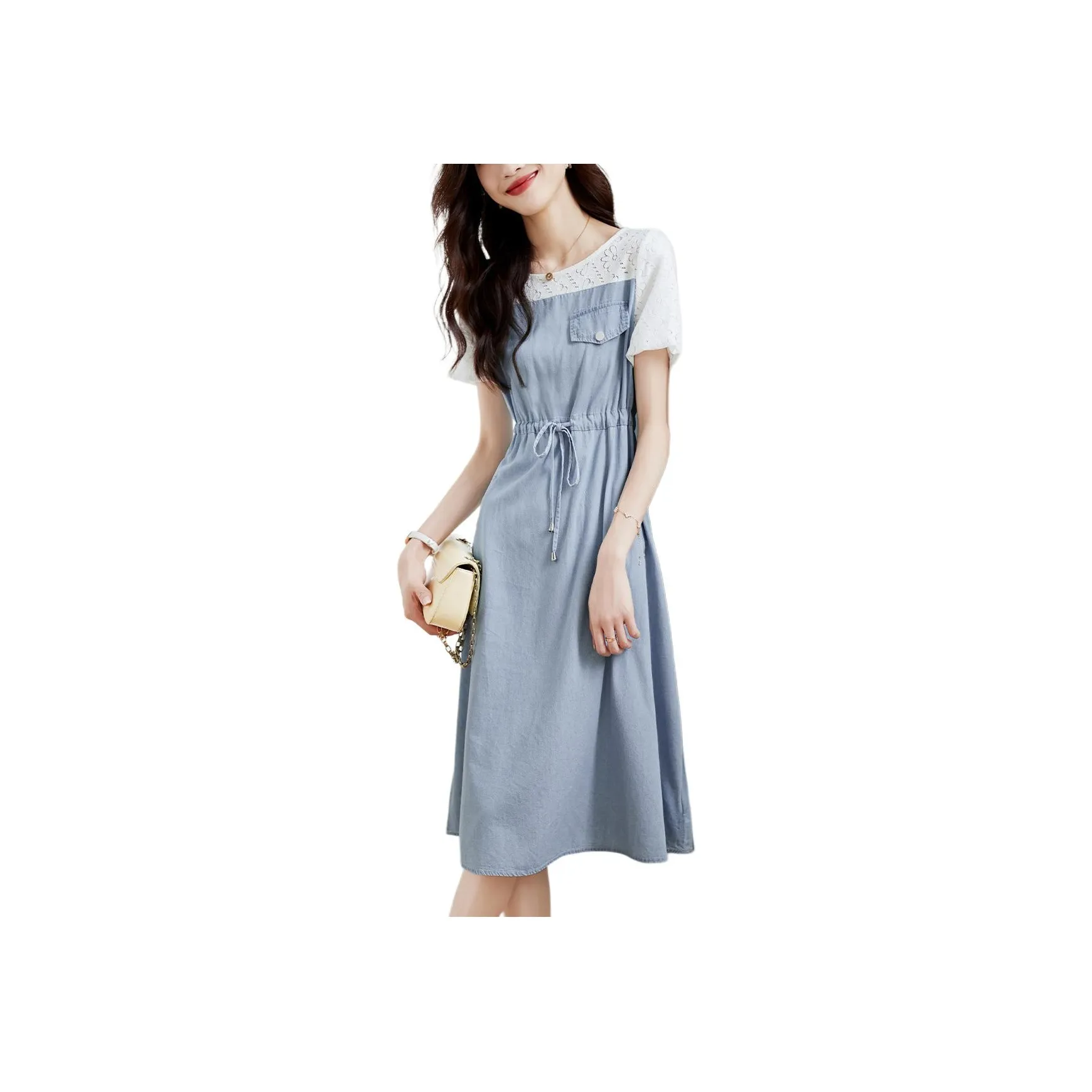 Mo Han Yi Mei Short Sleeved Dress Women's Denim Blue