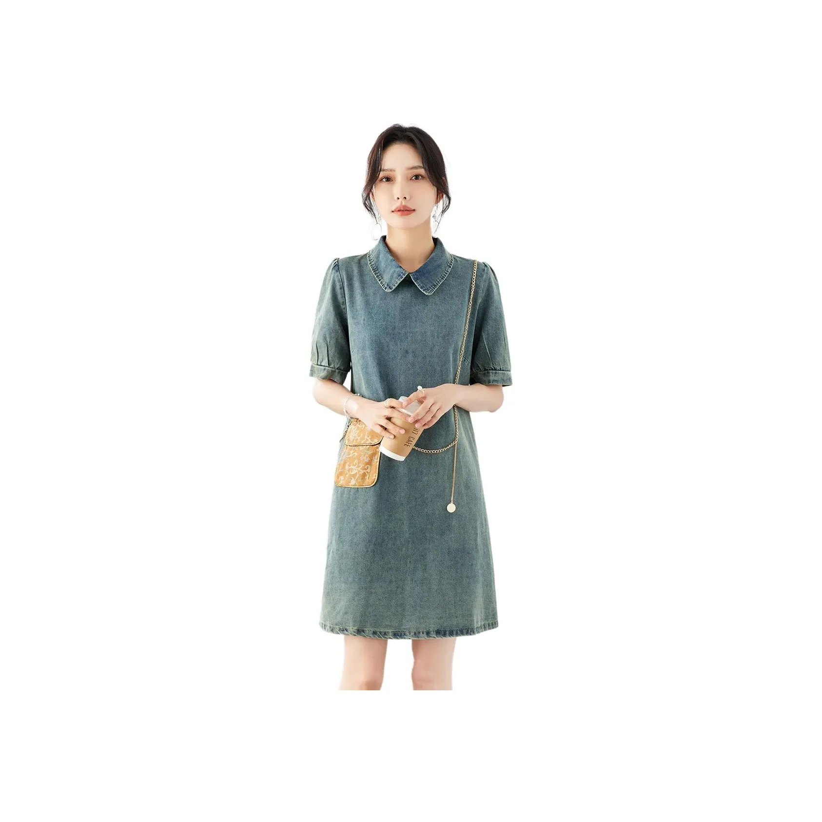 TERRE BLEUE Short Sleeved Dress Women's Denim Blue