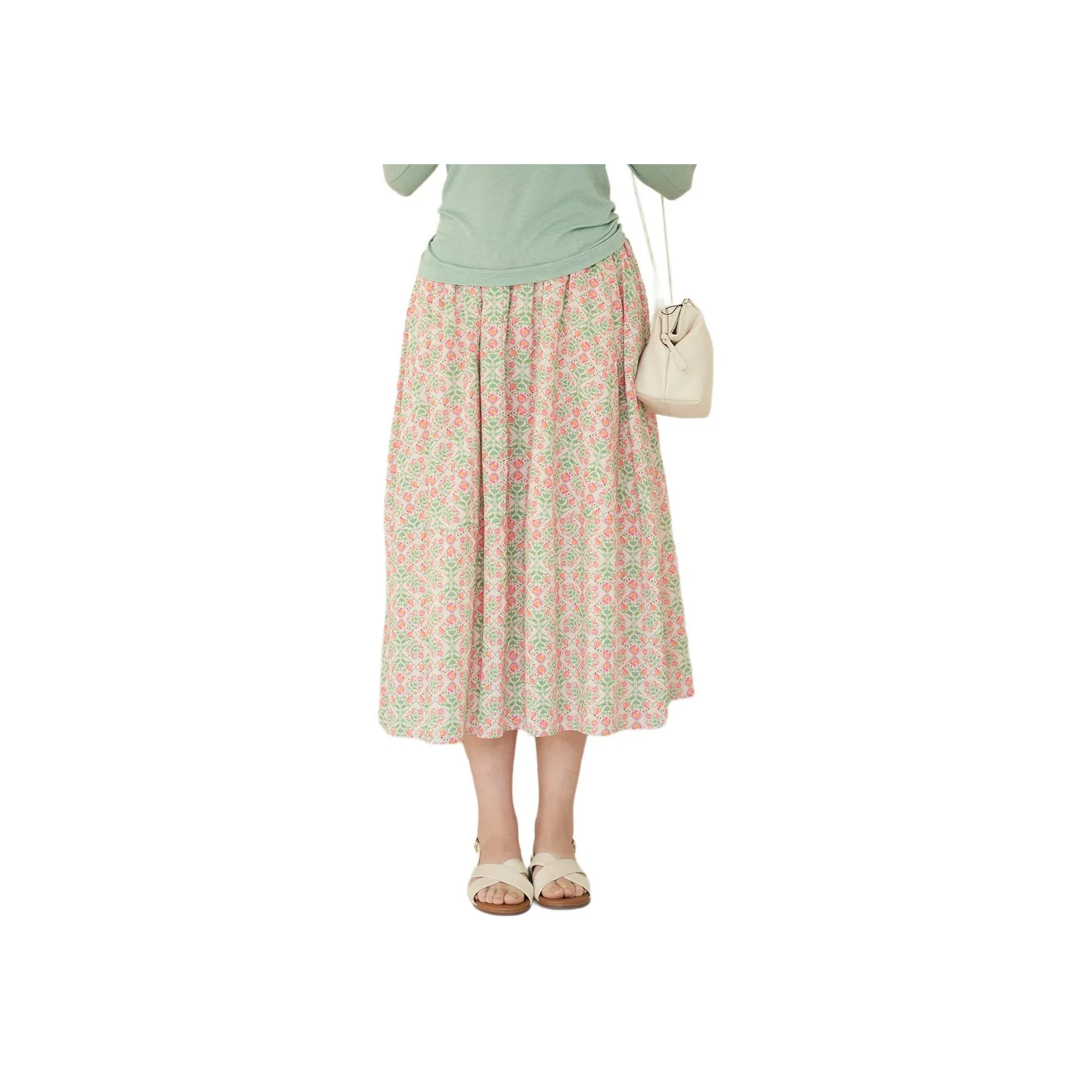 ZIMO Pink Green Floral Women's Casual Long Skirt ZIMO Розовый Зеленый Цветочный Женский Повседневный Длинная Юбка