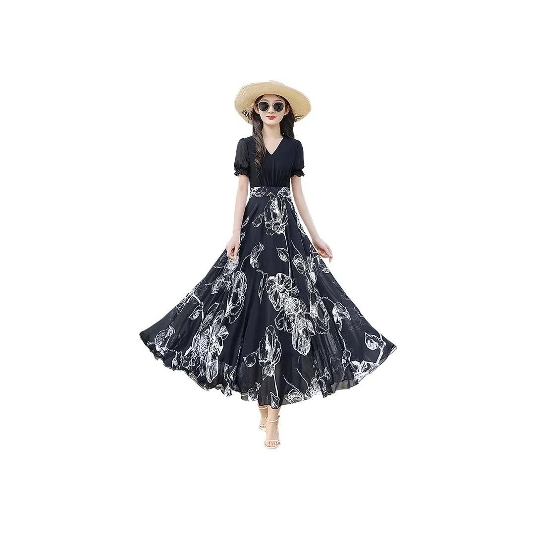 Cypress House Short Sleeved Dress Women's Black Top And Black Bottom With White Floral