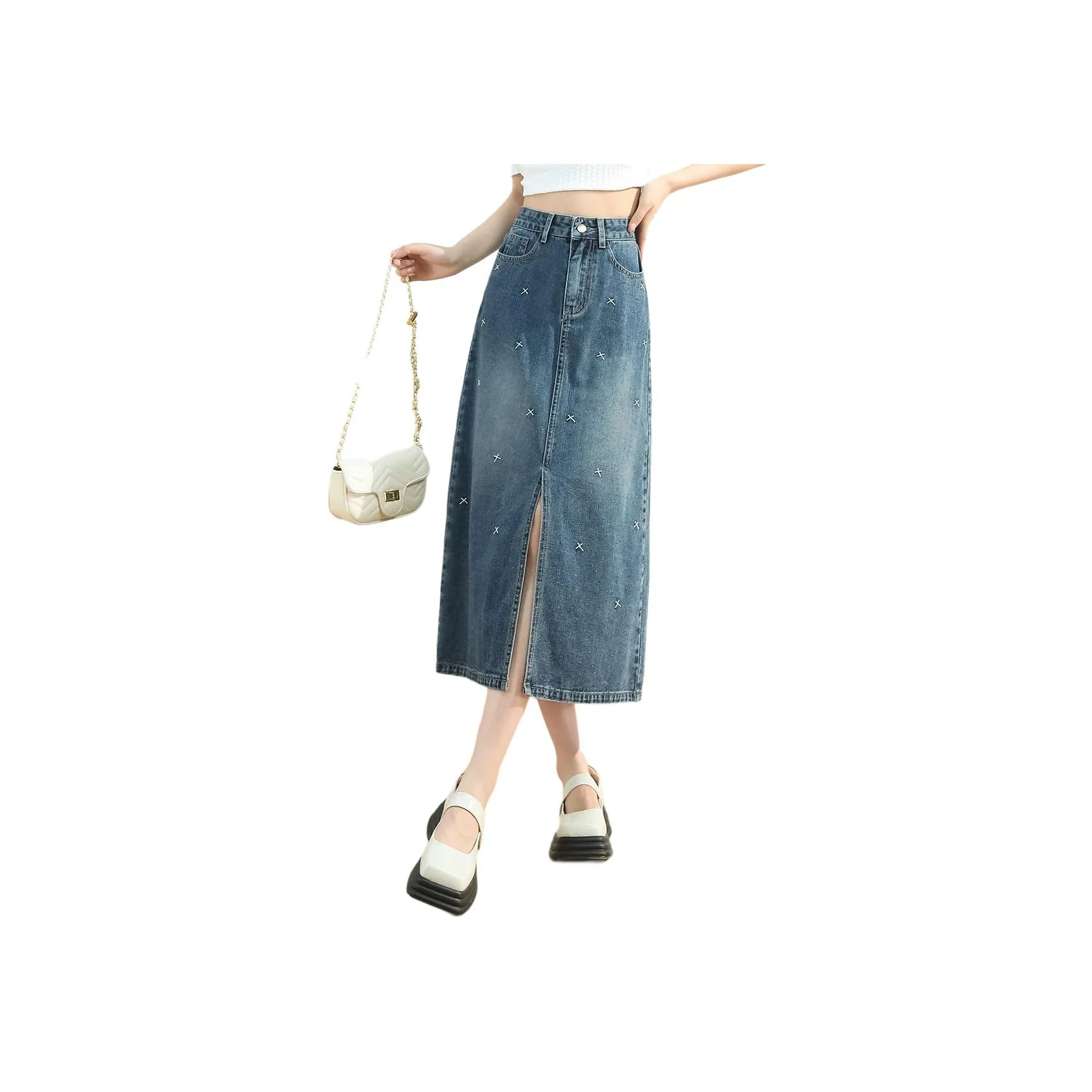 JEANSWEST American Luxury Streetwear Fashion Embroidery Design Split Flair Vintage Casual Versatile Summer Women's Blue