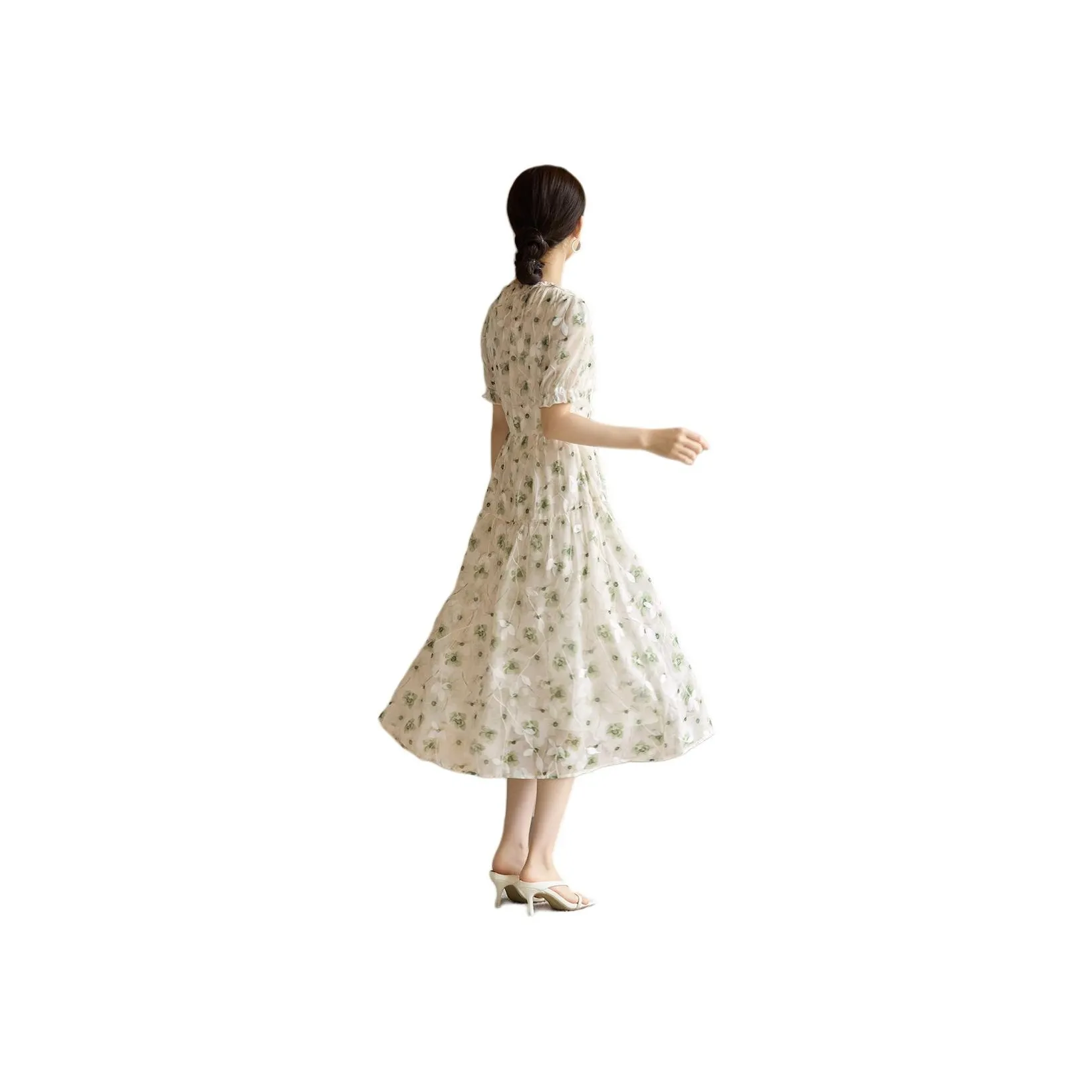 XWI Short Sleeved Dress Women's Beige With Green Print