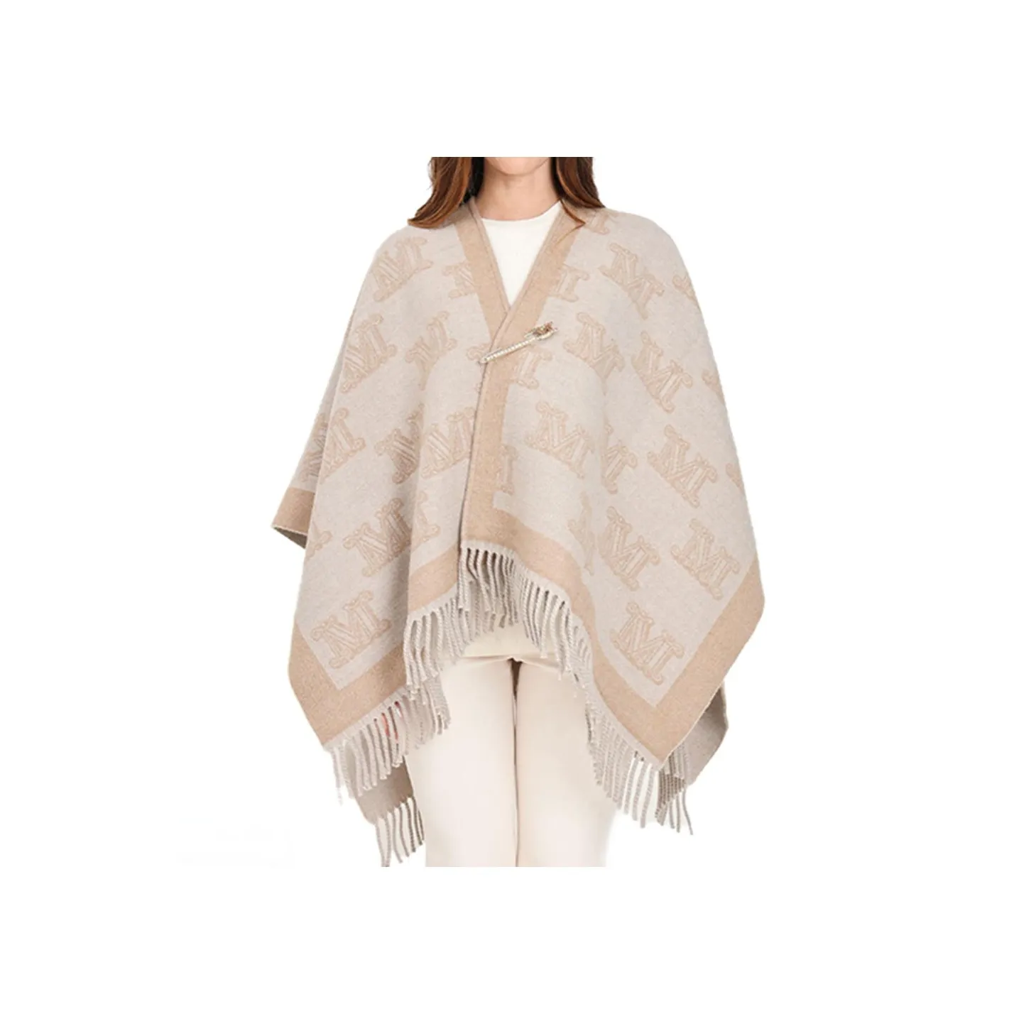 Max Mara Studio All Over Logo Patterned Fringed Edge Cape