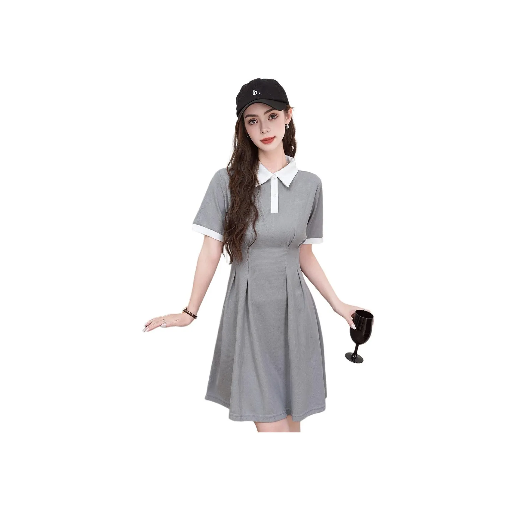 FAWENXIANGZI Short Sleeved Dress Cinched Waist Women's