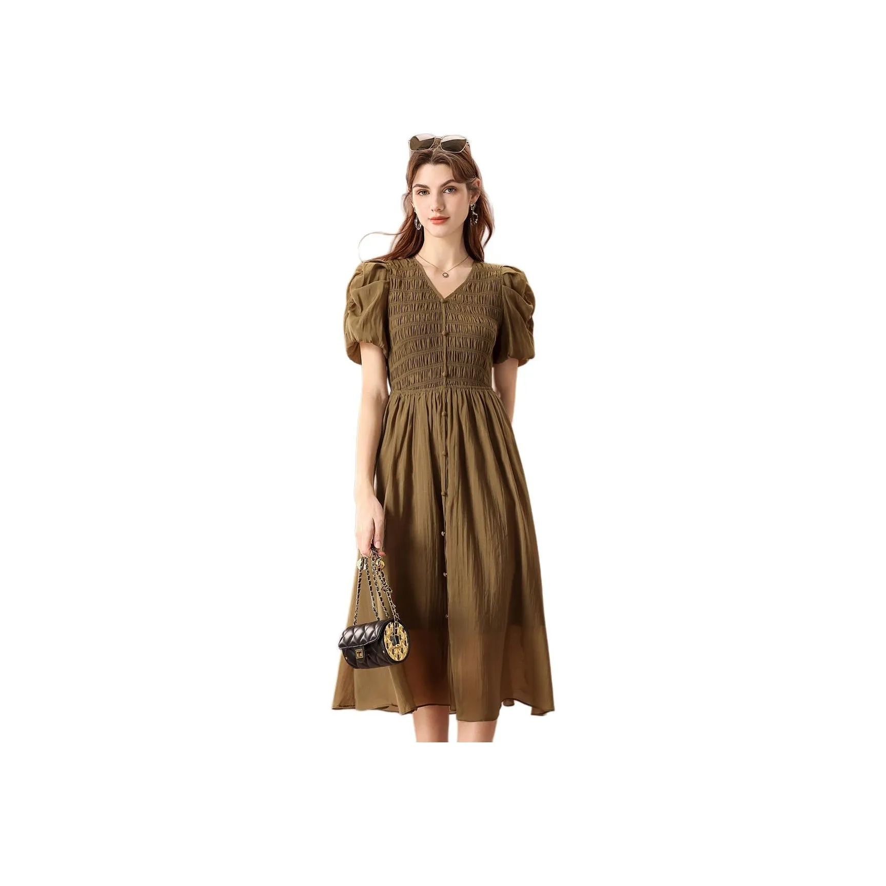 FENHONGMALI Short Sleeved Dress Cinched Waist Women's Olive Green